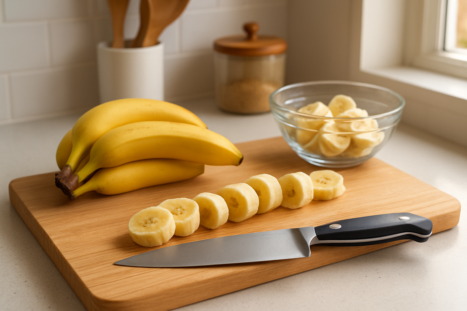 Create a realistic image of lady finger bananas being prepared in a modern kitchen setting, showing whole lady finger bananas on a wooden cutting board alongside sliced pieces revealing their creamy interior, with a chef's knife nearby, a glass bowl containing prepared banana pieces, and kitchen utensils in the background, warm natural lighting from a window creating soft shadows, clean white countertop surface, fresh and appetizing culinary atmosphere, absolutely NO text should be in the scene.