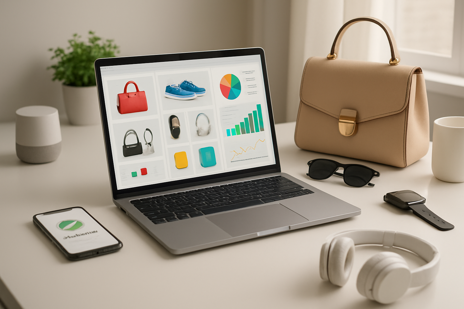 Create a realistic image of a modern workspace showing a successful eBay dropshipping operation, featuring a sleek laptop displaying colorful product listings and analytics charts, surrounded by various trending products like electronics, fashion accessories, and home goods neatly arranged on a clean white desk, with a smartphone showing delivery notifications nearby, soft natural lighting from a window creating an optimistic and professional atmosphere, conveying growth and success in e-commerce, absolutely NO text should be in the scene.