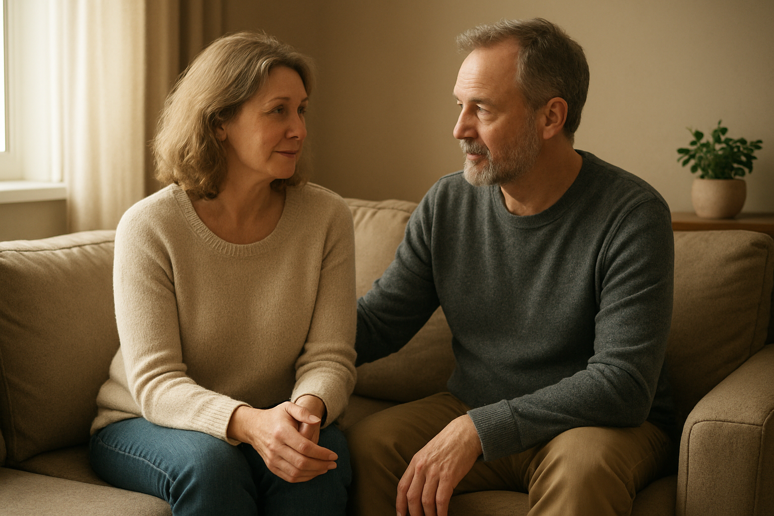 Create a realistic image of a middle-aged white woman and white man sitting together on a comfortable couch in a warmly lit living room, engaged in calm conversation with gentle expressions showing understanding and patience, soft natural lighting from a nearby window, books and a small plant visible on a side table, creating a peaceful atmosphere that conveys wisdom and marital harmony, absolutely NO text should be in the scene.