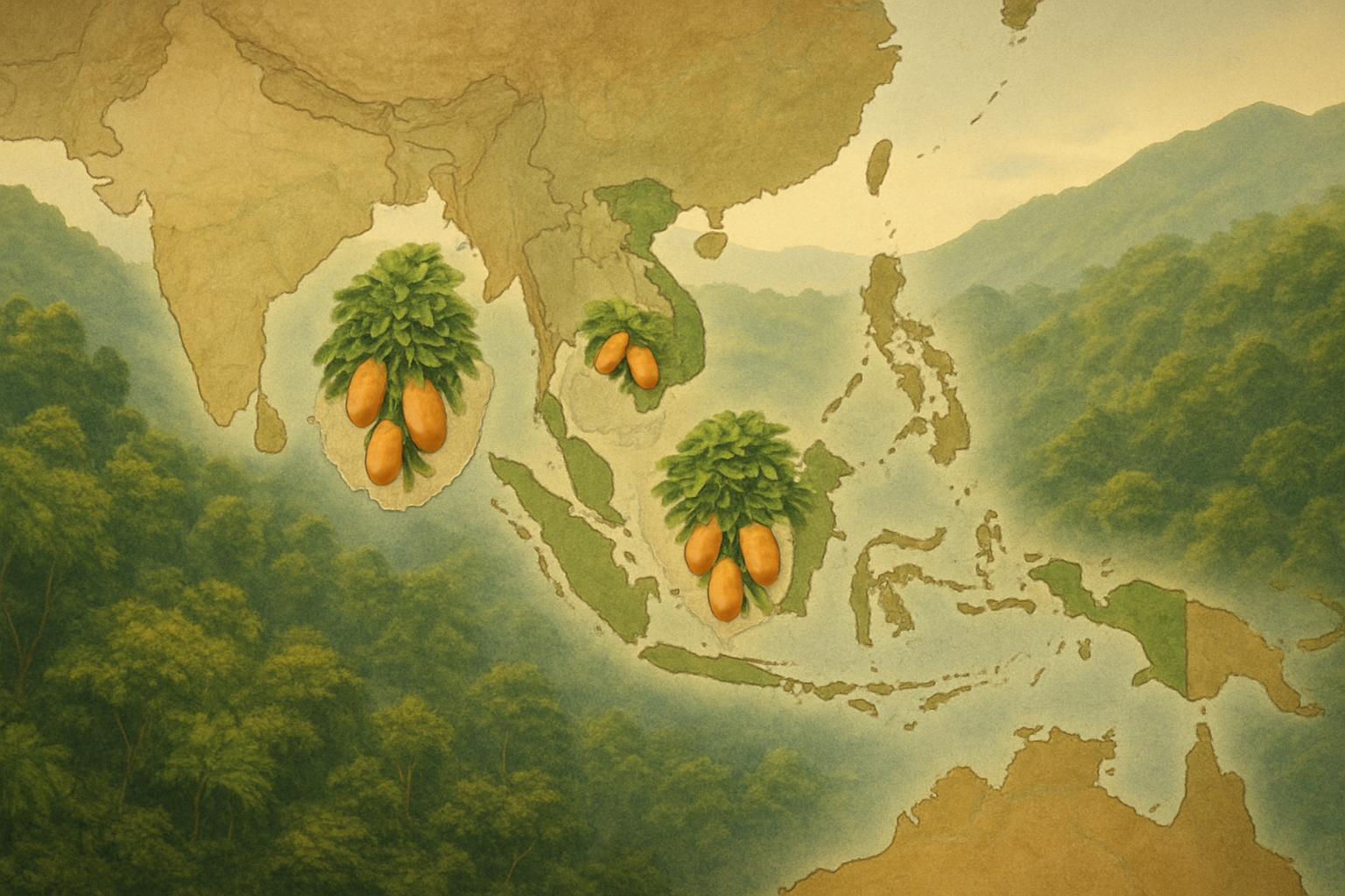 Create a realistic image of a detailed world map showing highlighted geographic regions where Marian plums grow naturally, with small illustrations of Marian plum fruits and trees positioned over Southeast Asian countries including Thailand, Malaysia, and Indonesia, featuring lush tropical landscapes in the background with dense green forests and mountainous terrain, warm golden lighting suggesting tropical climate, and a natural earth-toned color palette that emphasizes the agricultural and botanical theme, absolutely NO text should be in the scene.