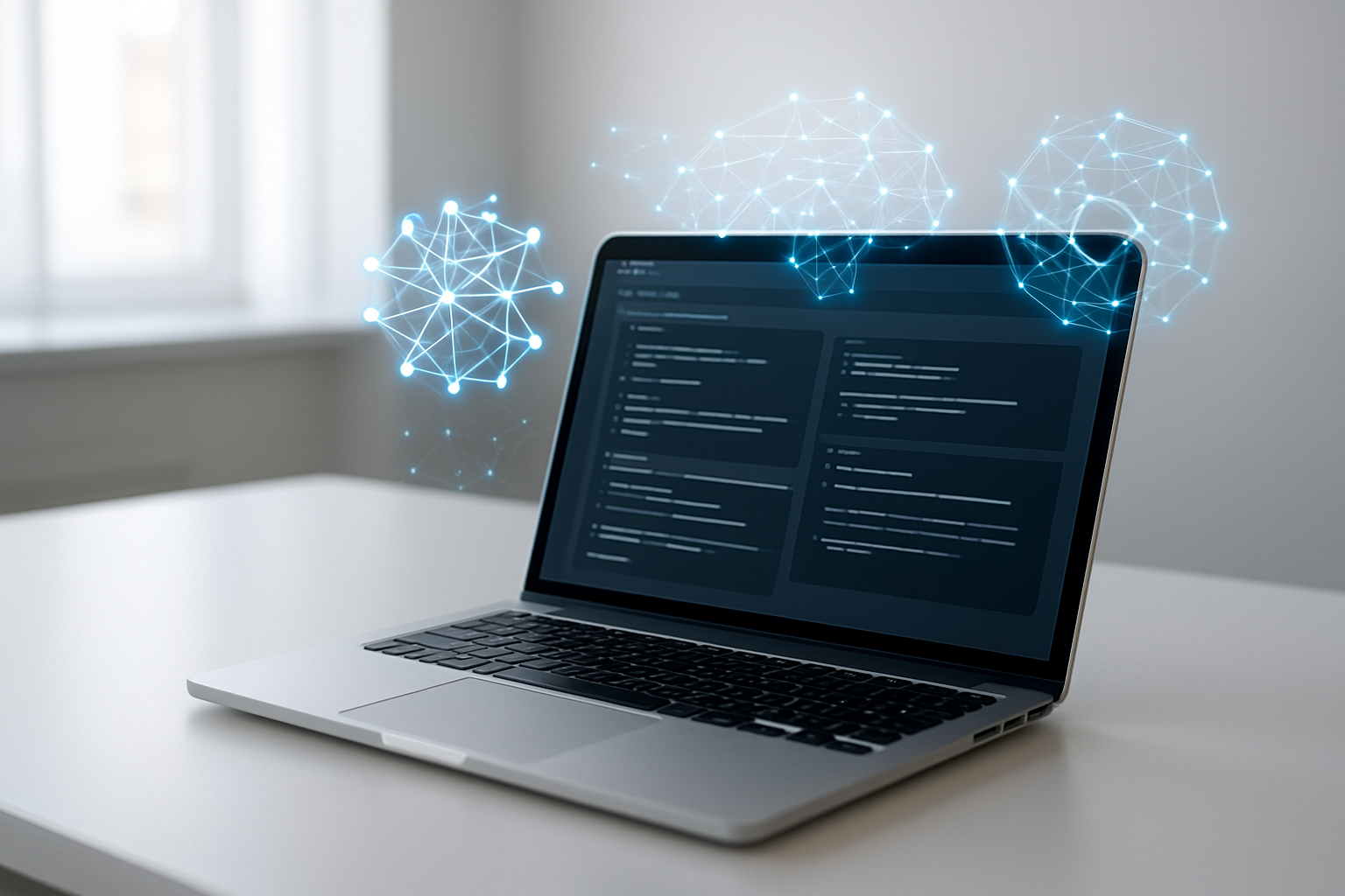 Create a realistic image of a modern laptop computer with its screen open displaying a digital notebook interface with code cells and AI-generated text outputs, surrounded by floating holographic neural network diagrams and interconnected nodes representing large language model architecture, set on a clean white desk in a bright, minimalist office environment with soft natural lighting from a window, creating a professional and innovative atmosphere that visualizes the fusion of human computing and artificial intelligence technology, absolutely NO text should be in the scene.