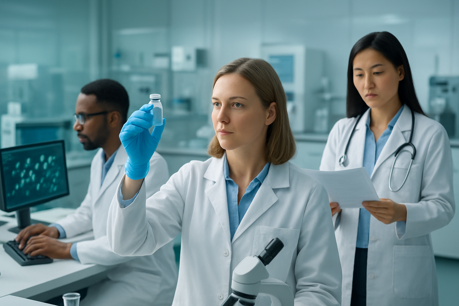 Create a realistic image of a modern medical laboratory scene featuring a diverse group of scientists including a white female researcher in a lab coat examining a vaccine vial, a black male scientist working at a computer displaying molecular structures, and an Asian female doctor reviewing research papers, with advanced laboratory equipment, microscopes, and medical technology in the background, soft professional lighting illuminating the clean white laboratory environment, conveying hope and scientific breakthrough, with subtle blue and green color tones suggesting medical innovation and progress, absolutely NO text should be in the scene.