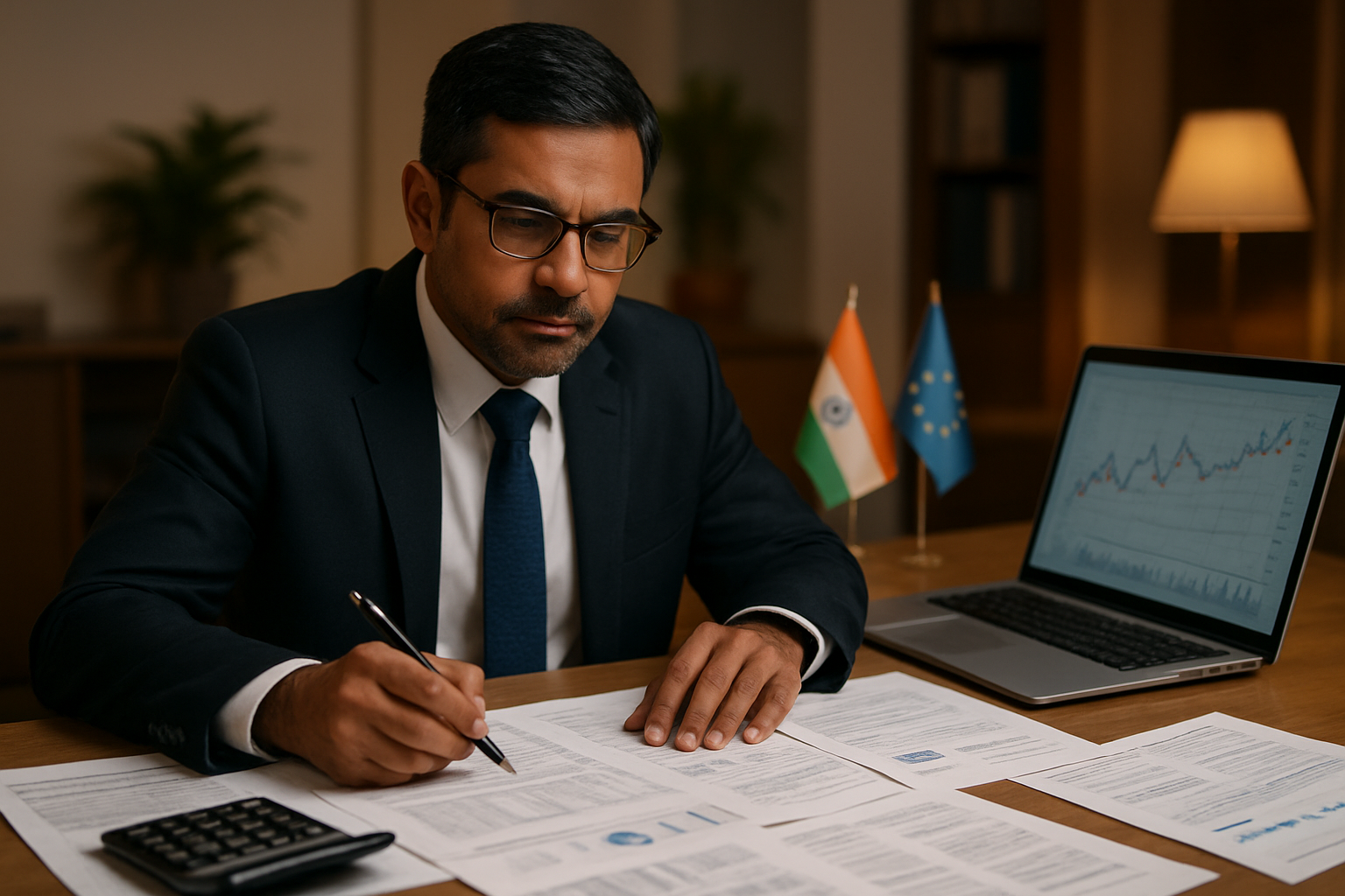 Create a realistic image of an Indian male financial advisor in his 40s sitting at a modern office desk with official tax documents, regulatory compliance papers, and dividend statements spread across the surface, a laptop displaying financial charts, Indian and international flags subtly placed in the background, professional office environment with warm lighting, calculator and pen nearby, serious and focused mood suggesting financial planning and tax consultation, absolutely NO text should be in the scene.