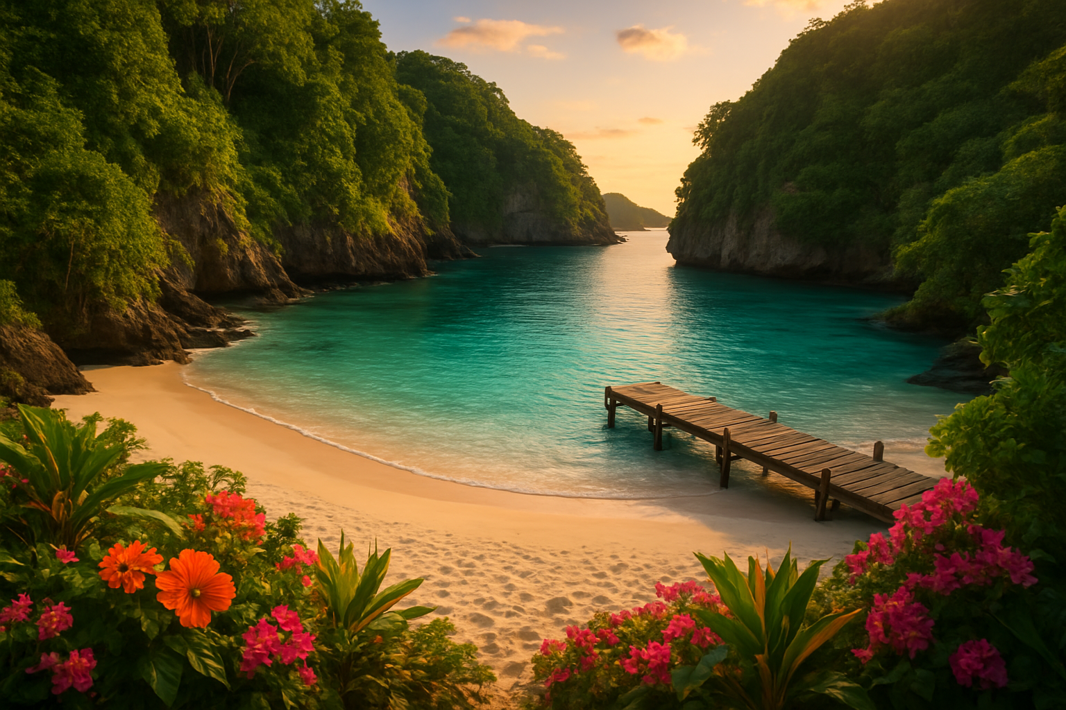 Create a realistic image of a secluded tropical cove with crystal clear turquoise water, pristine white sand beach surrounded by lush green cliffs and tropical vegetation, a small wooden dock extending into the water, colorful tropical flowers in the foreground, warm golden hour lighting casting soft shadows, peaceful and intimate atmosphere suggesting an undiscovered romantic paradise, absolutely NO text should be in the scene.