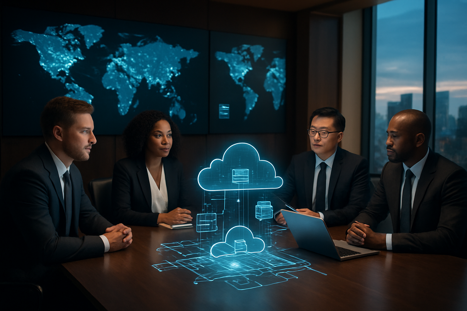 Create a realistic image of a modern corporate boardroom with diverse business executives including white male, black female, and Asian male professionals in business attire gathered around a sleek conference table, with large wall-mounted screens displaying world maps with glowing data connection points and server icons across different countries, complemented by holographic projections of cloud infrastructure diagrams floating above the table, set against floor-to-ceiling windows showing a city skyline, with warm ambient lighting creating a professional atmosphere that conveys digital transformation and global data strategy discussions, absolutely NO text should be in the scene.