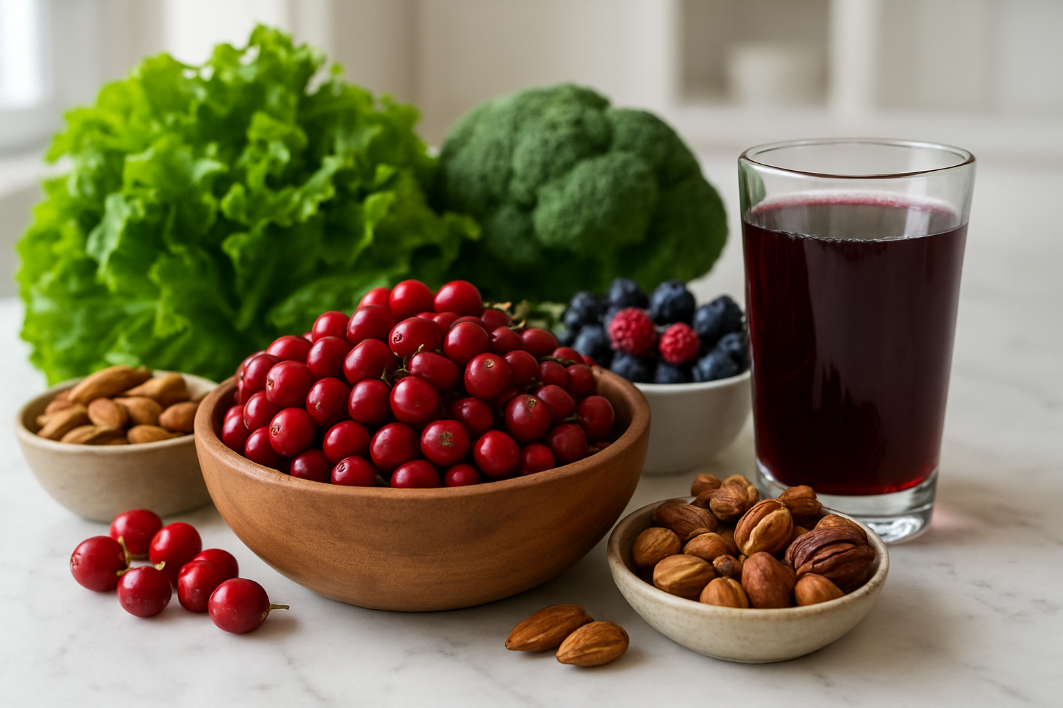 Create a realistic image of fresh red chokeberries arranged in a wooden bowl alongside various healthy foods including leafy green vegetables, nuts, and other colorful berries, with a glass of dark red chokeberry juice, set on a clean white marble countertop in a bright, naturally lit kitchen environment that emphasizes the nutritional and health-focused theme, absolutely NO text should be in the scene.