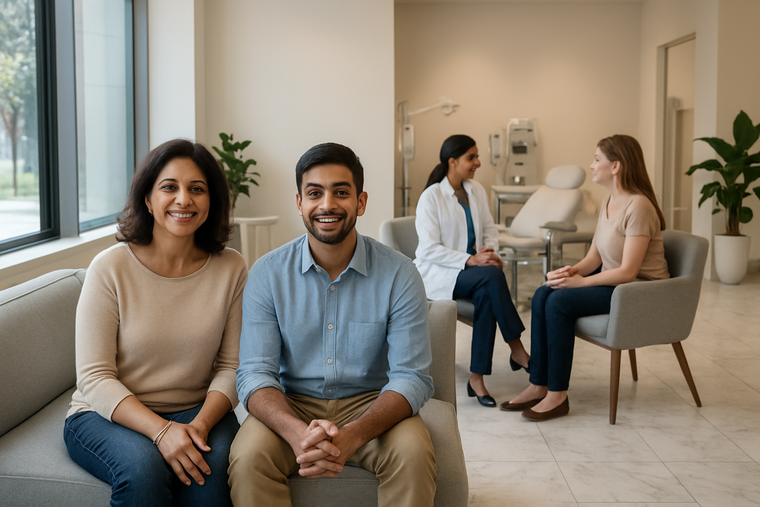 Create a realistic image of a modern, clean dermatology clinic interior showing a diverse group of satisfied patients including a middle-aged Indian female and a young Indian male sitting in a contemporary waiting area with comfortable seating, while an Indian female dermatologist in a white coat consults with another patient in the background, featuring sleek medical equipment, potted plants, warm natural lighting streaming through large windows, marble floors, and a professional yet welcoming atmosphere that conveys quality healthcare and accessibility, absolutely NO text should be in the scene.