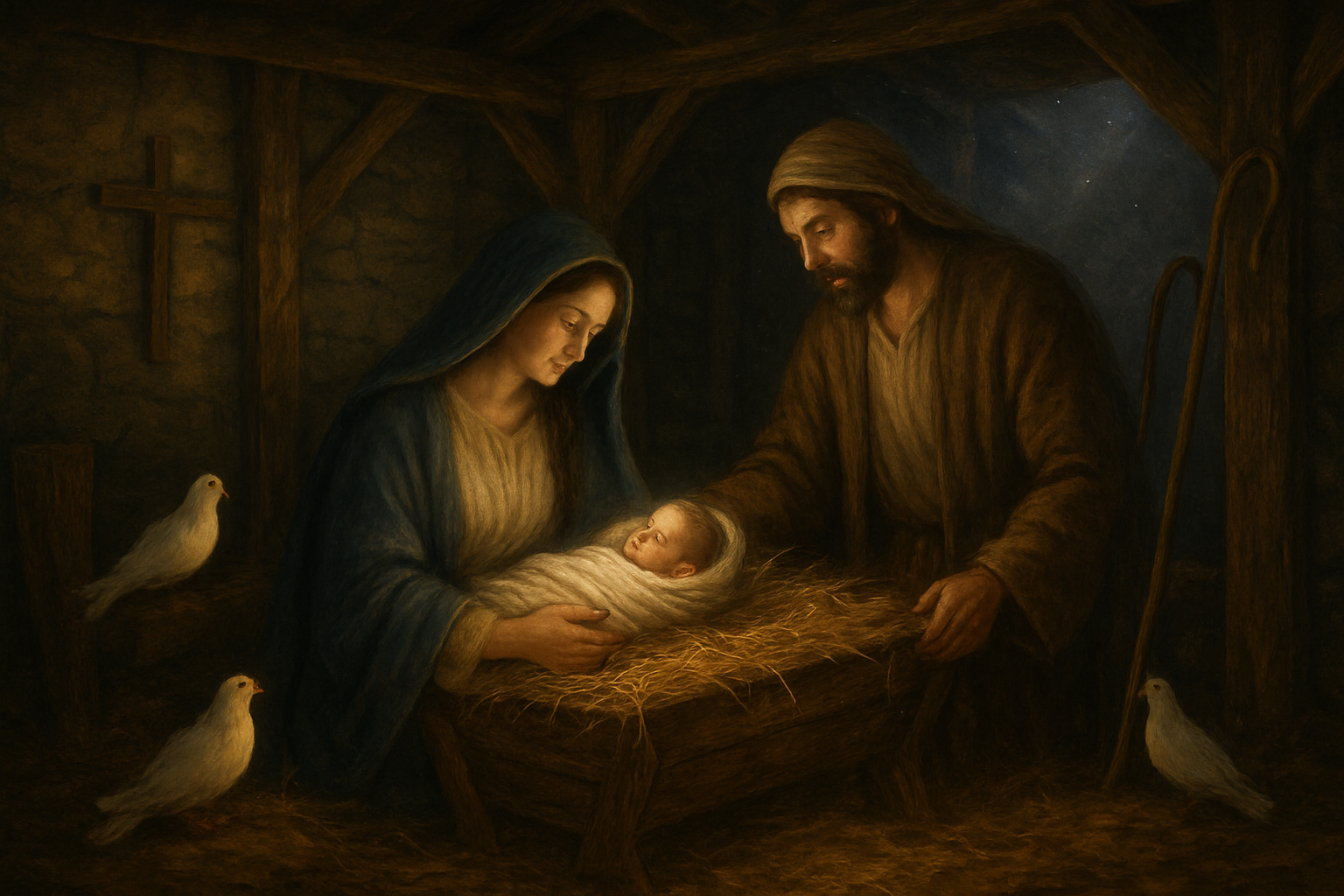 Create a realistic image of a peaceful nativity scene with the holy family in a humble stable setting, featuring a wooden manger with soft golden straw, gentle warm candlelight casting a serene glow throughout the scene, traditional Christian symbols including a wooden cross subtly visible in the background, shepherds' staffs leaning against wooden beams, and a few white doves perched nearby, with soft starlight filtering through the stable opening creating a divine atmosphere of hope and reverence, surrounded by rustic stone walls and wooden architecture that emphasizes the humble yet sacred nature of Christ's birth, absolutely NO text should be in the scene.