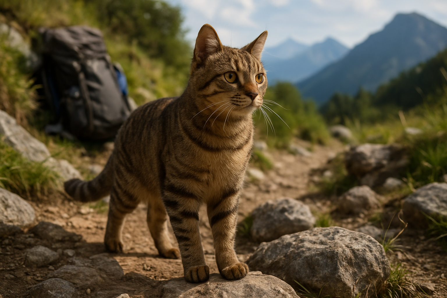 Create a realistic image of an active cat breed with distinctive independent features positioned on outdoor hiking terrain, showing the cat in a confident exploring pose among rocks and mountain trails, with hiking gear like a backpack and water bottle subtly placed in the background, natural daylight lighting creating an adventurous outdoor atmosphere, lush greenery and distant mountain peaks visible, the cat displaying alert ears and bright eyes suggesting both energy and self-reliance, absolutely NO text should be in the scene.