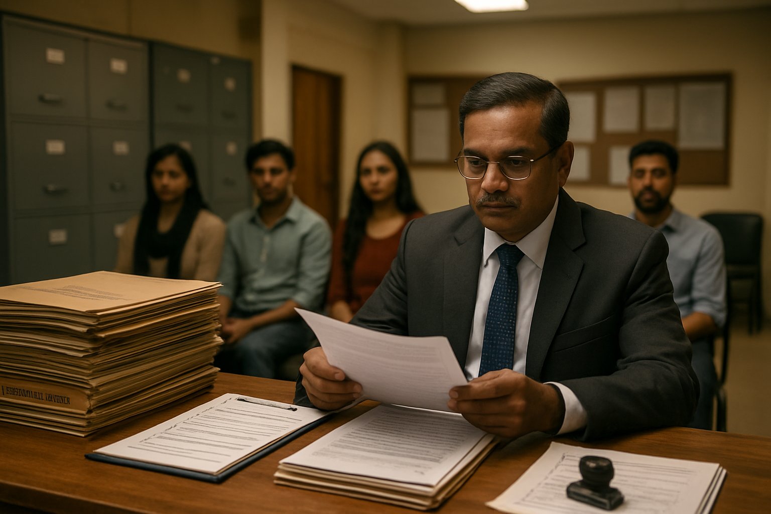 Create a realistic image of Indian government officials conducting document verification in a formal office setting, featuring a middle-aged Indian male officer in formal attire reviewing application documents at a wooden desk, with stacks of student application files, verification checklists, and official stamps visible on the desk, while Indian students of diverse backgrounds wait in chairs in the background, warm fluorescent office lighting illuminating the professional government office environment with filing cabinets and official notices on walls, conveying a serious and systematic administrative process atmosphere, absolutely NO text should be in the scene.