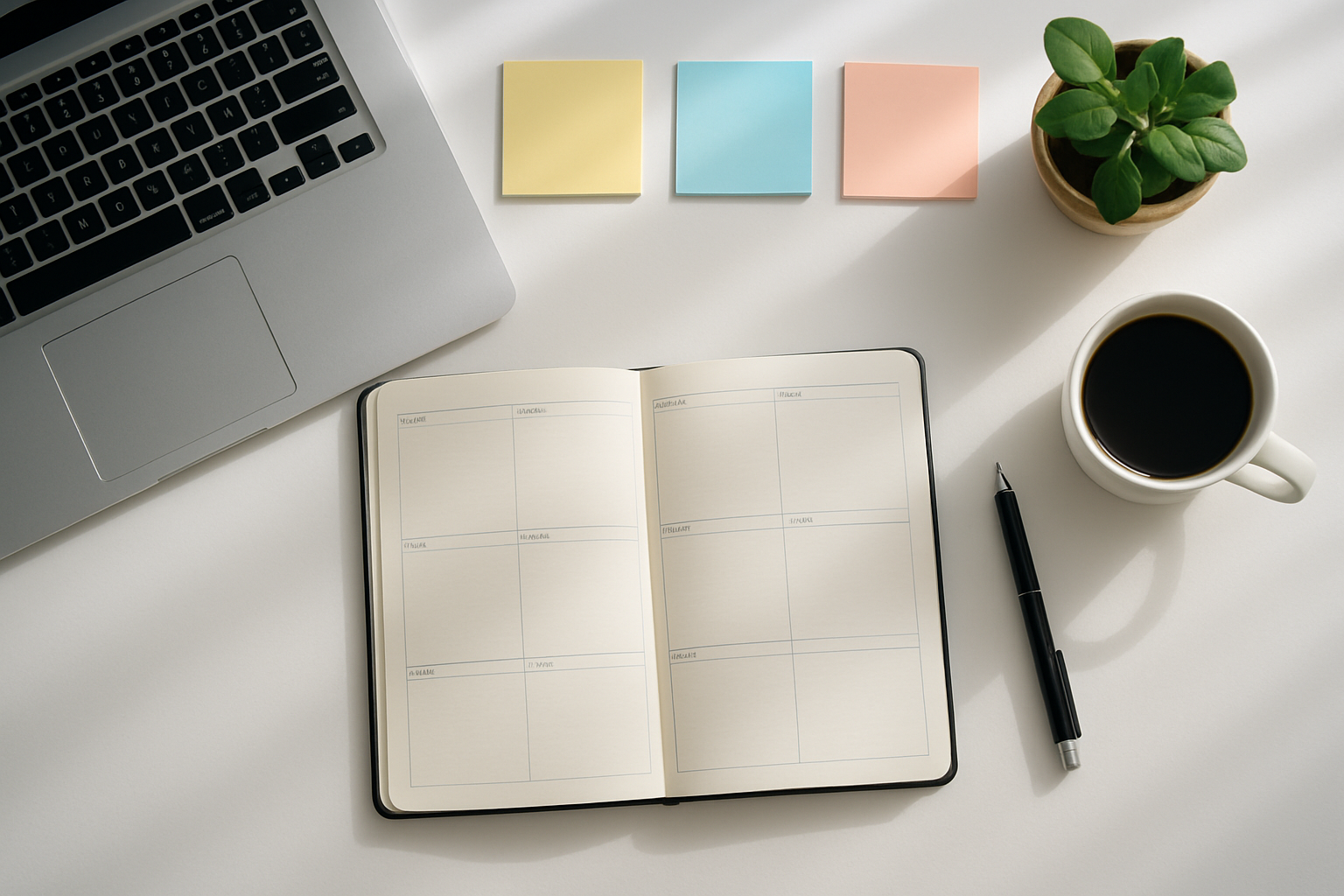 Create a realistic image of a organized workspace from above featuring an open weekly planner with days clearly divided into sections, surrounded by a laptop computer, colorful sticky notes, a pen, a coffee cup, and a small potted plant on a clean white desk surface, with soft natural lighting from a window creating gentle shadows, conveying productivity and organization for long-term success planning, absolutely NO text should be in the scene.