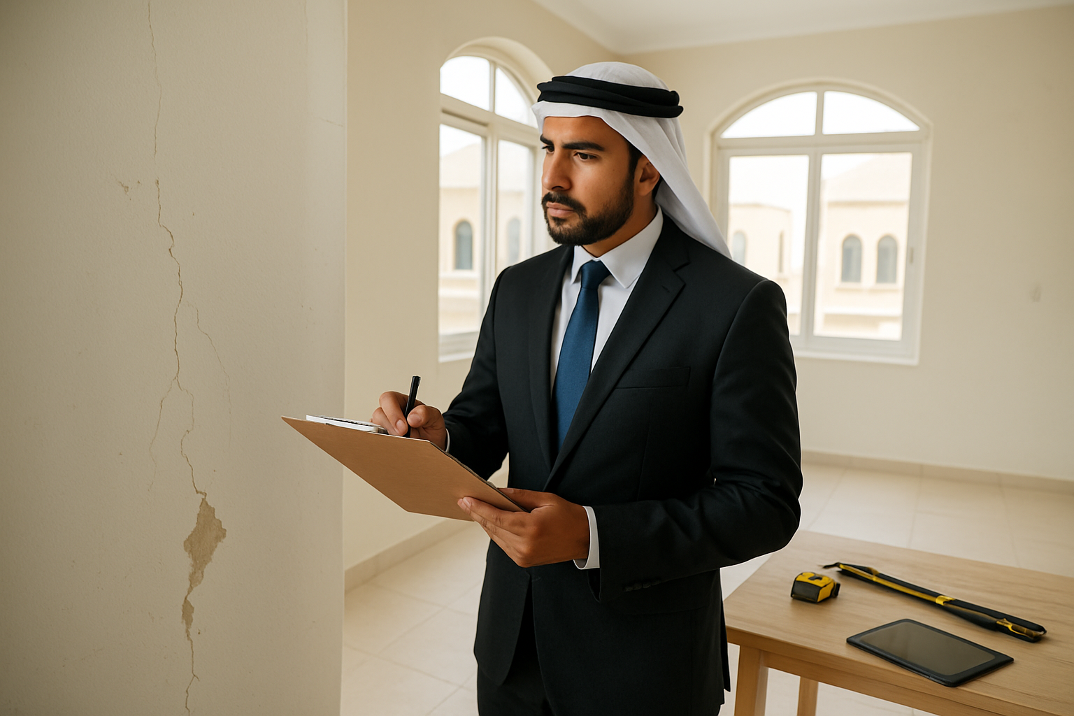 Create a realistic image of a professional Middle Eastern male inspector in business attire holding a clipboard and examining a modern residential property interior, with visible minor defects like wall cracks, paint chips, and flooring issues, well-lit room with natural lighting from windows, clean and organized setting that conveys thoroughness and attention to detail, complementary elements include measuring tools and a tablet on a nearby table, background shows a partially completed or newly constructed room with UAE-style architecture, professional and informative mood. Absolutely NO text should be in the scene.