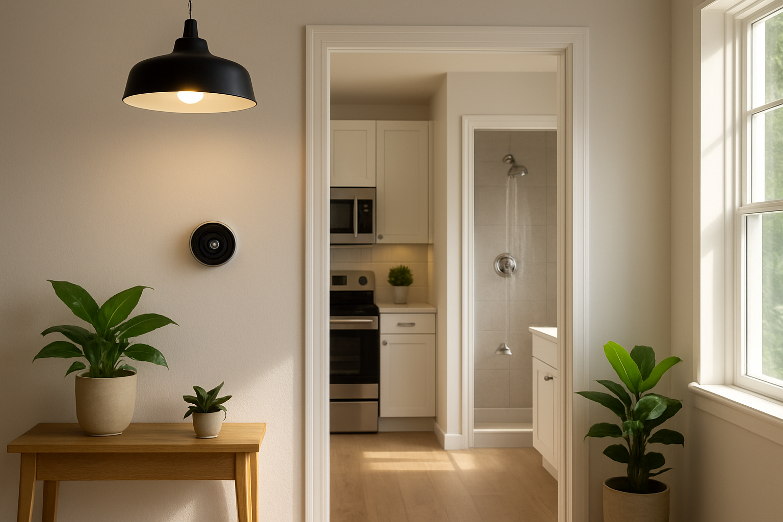 Create a realistic image of a modern home interior showcasing energy and water efficiency features including LED light bulbs in stylish fixtures, a programmable smart thermostat on the wall, low-flow showerhead and faucet aerators in a bathroom visible through a doorway, energy-efficient appliances in the background, and a few potted plants, with warm natural lighting streaming through windows creating an eco-friendly and sustainable home atmosphere, absolutely NO text should be in the scene.