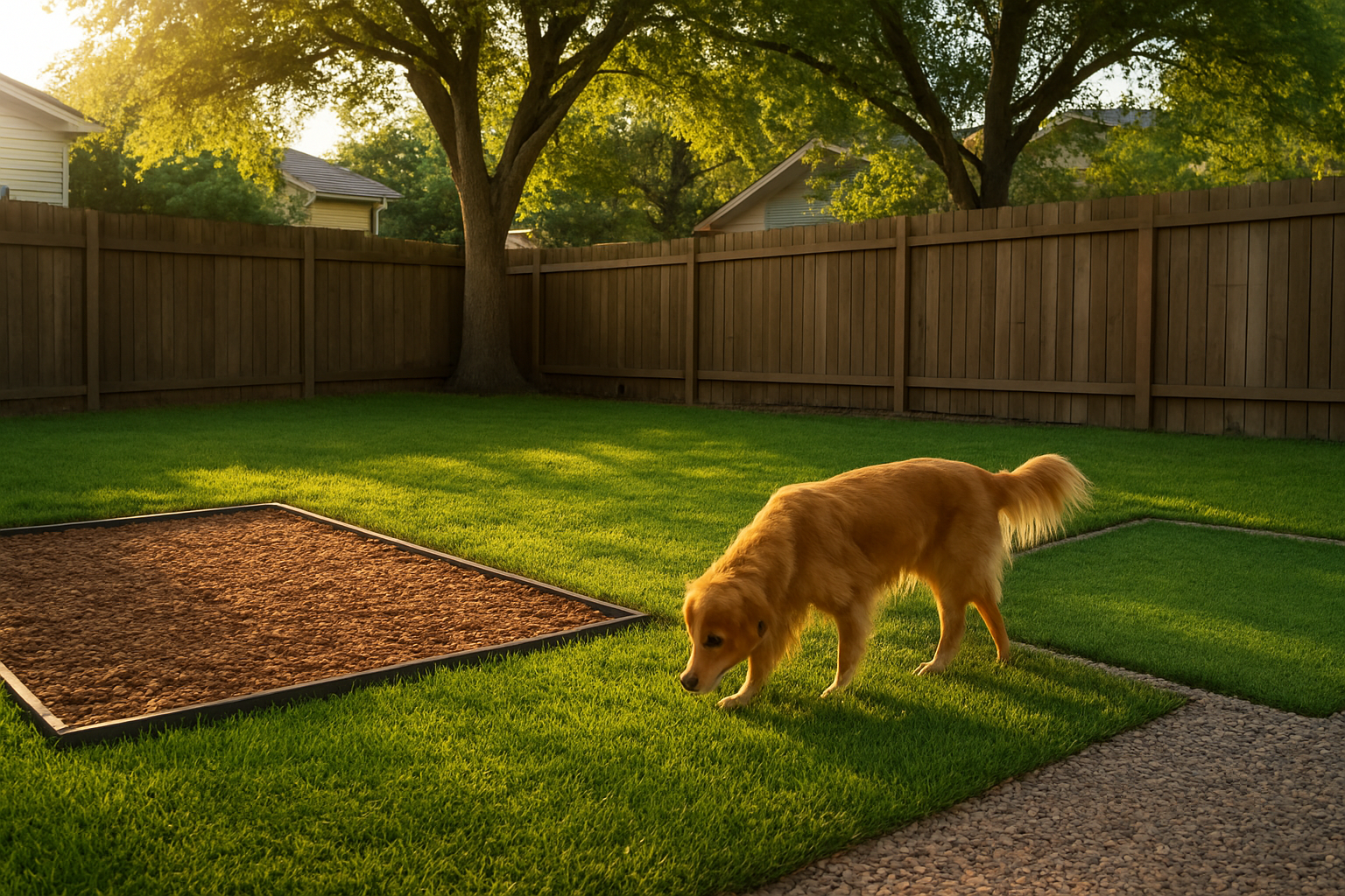 Create a realistic image of a suburban backyard with several potential dog potty areas clearly visible, showing a well-maintained lawn with distinct zones including a sunny corner area with wood chips, a partially shaded section with gravel, and a spot near a fence line with artificial grass, featuring a medium-sized golden retriever exploring the yard, surrounded by residential fencing, mature trees providing natural shade patterns, and a house visible in the background, captured during golden hour lighting that highlights the different textures and materials of each designated area, absolutely NO text should be in the scene.