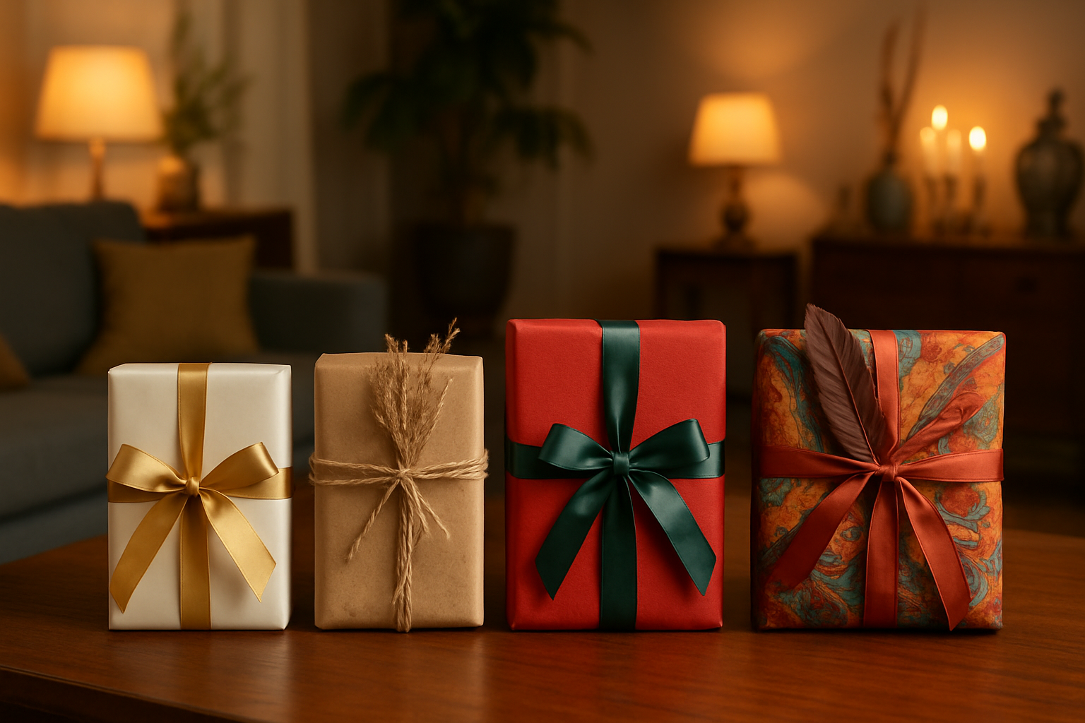 Create a realistic image of beautifully wrapped gifts arranged on an elegant wooden table, showcasing diverse wrapping styles including minimalist white and gold packages, rustic kraft paper with twine and dried flowers, traditional red and green with satin ribbons, and bohemian-style wrapping with colorful fabrics and feathers, set against a cozy living room background with mixed decor elements featuring modern furniture, vintage accessories, and warm ambient lighting from table lamps and candles, creating a harmonious blend of different design aesthetics, absolutely NO text should be in the scene.