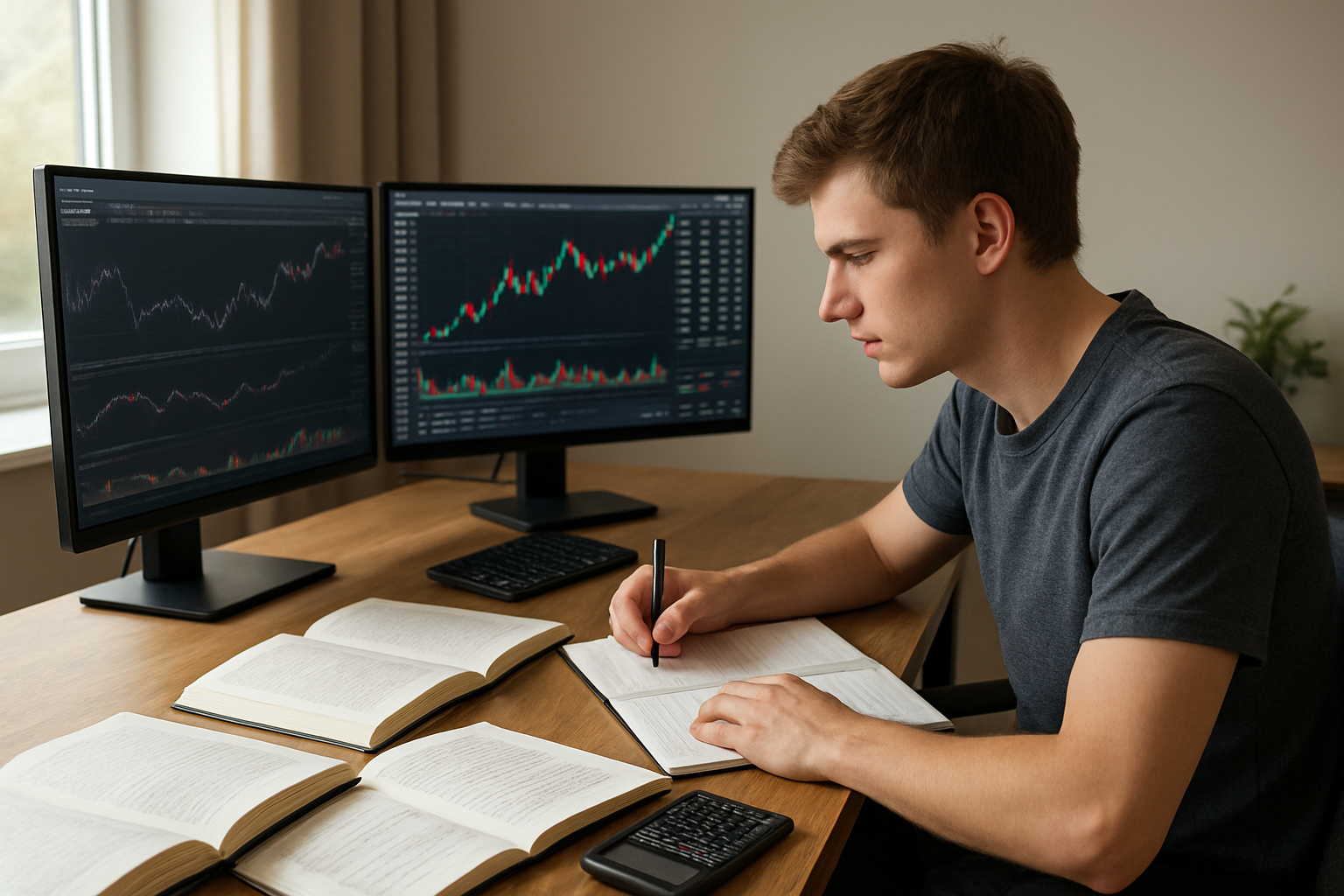 Create a realistic image of a young white male beginner trader sitting at a modern desk with multiple computer monitors displaying financial charts, graphs, and trading interfaces, surrounded by educational materials like open books about trading fundamentals, a notebook with handwritten notes, and a calculator, in a well-lit home office environment with natural lighting from a window, conveying a focused learning atmosphere as he studies trading concepts before implementing automated trading systems, absolutely NO text should be in the scene.