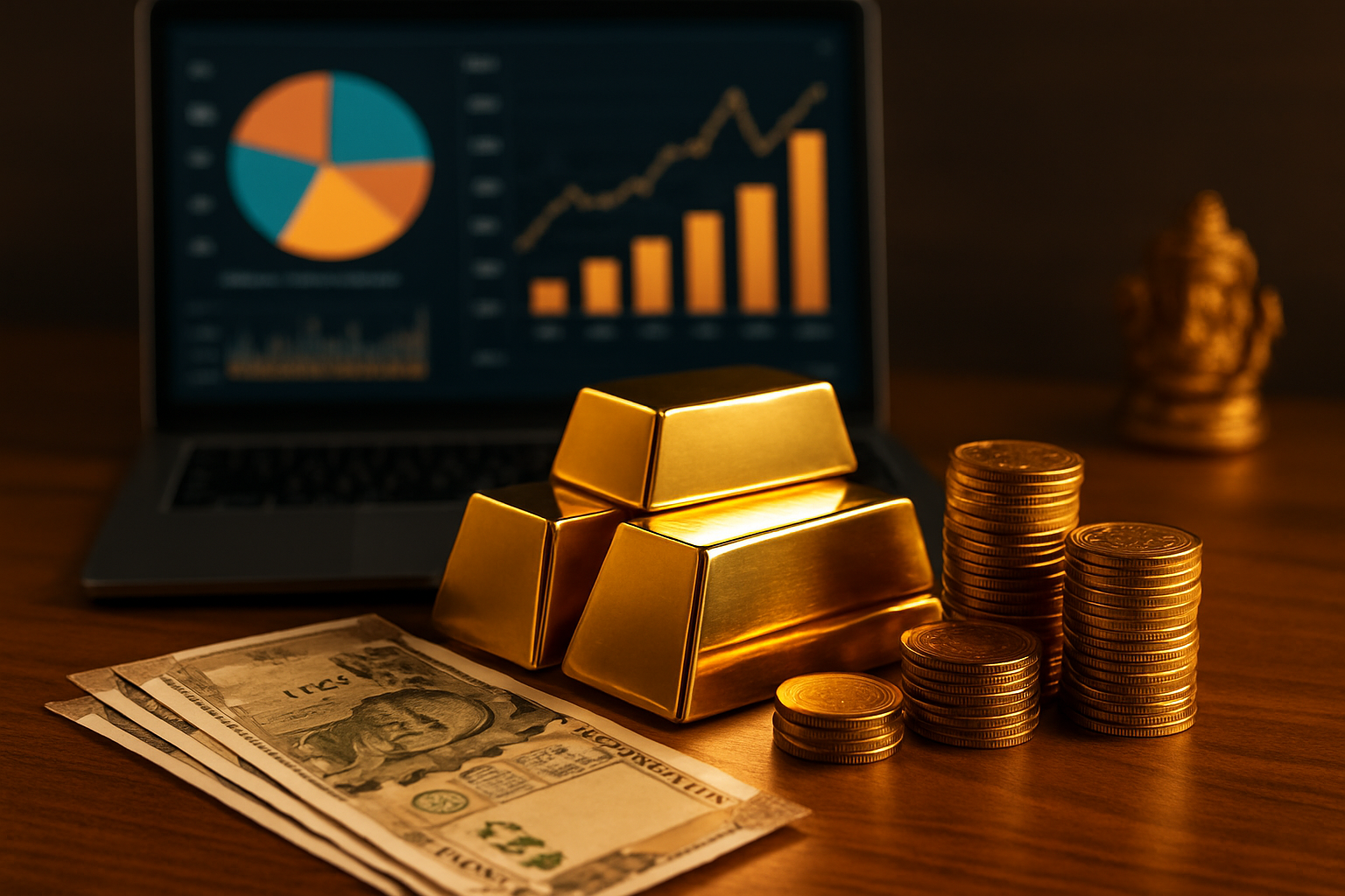 Create a realistic image of gold bars and coins arranged strategically on a modern wooden desk alongside Indian rupee currency notes, with a sophisticated financial chart or graph showing portfolio allocation percentages displayed on a tablet or laptop screen in the background, featuring warm golden lighting that highlights the metallic gleam of the gold while maintaining a professional investment advisory atmosphere, with a subtle Indian cultural element like a small decorative item visible in the corner, absolutely NO text should be in the scene.