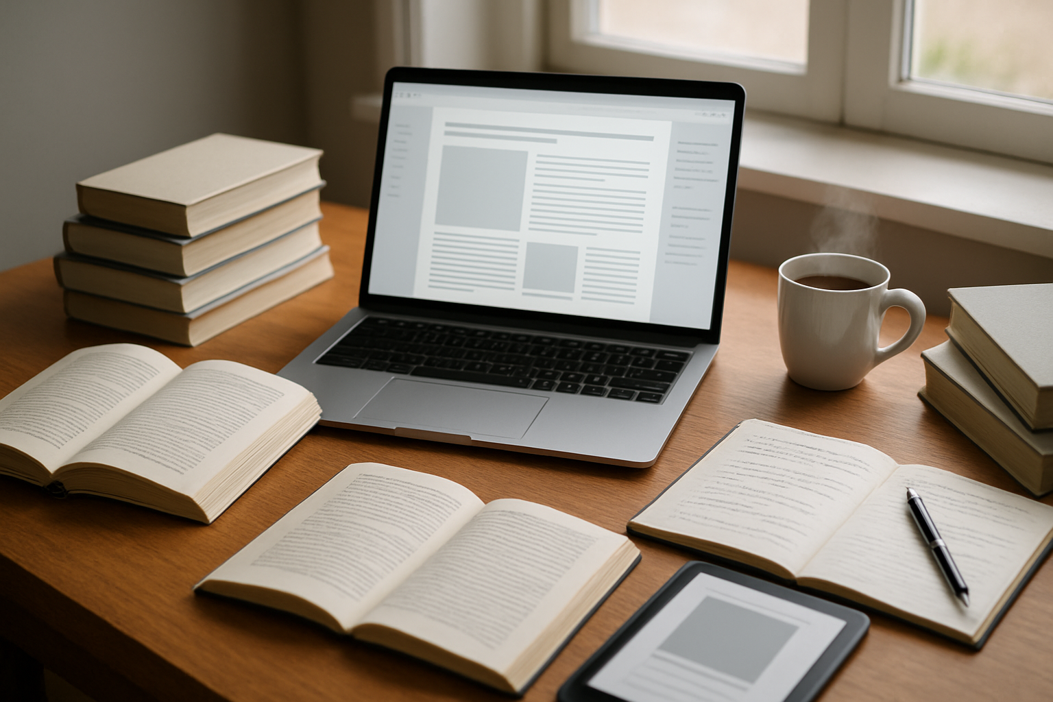 Create a realistic image of a modern home office desk setup with an open laptop displaying a digital publishing interface, several printed books and ebooks scattered around the workspace, a steaming coffee cup, a notebook with handwritten notes, and a tablet showing an ebook cover design, all arranged on a clean wooden desk with soft natural lighting from a nearby window, creating a productive and inspiring atmosphere for knowledge sharing and digital publishing. Absolutely NO text should be in the scene.