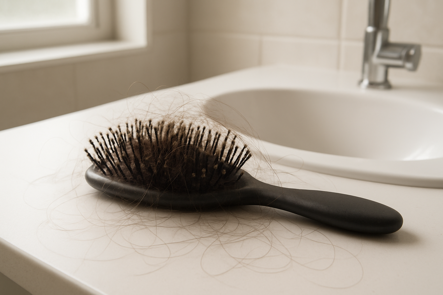 Create a realistic image of a close-up view of a hairbrush with multiple strands of hair tangled in the bristles, sitting on a white bathroom counter next to a sink, with soft natural lighting from a window creating gentle shadows, showing the aftermath of brushing hair that's experiencing excessive hair fall, with some loose hair strands scattered on the counter surface around the brush, in a clean modern bathroom setting with neutral tones, absolutely NO text should be in the scene.