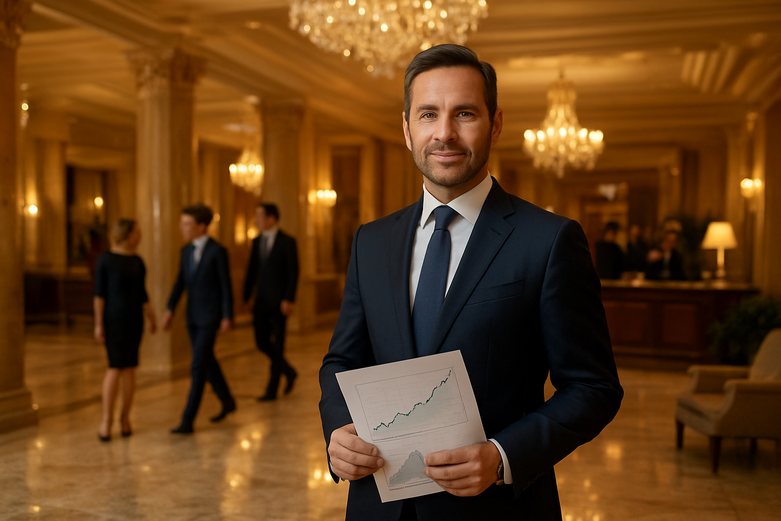 Create a realistic image of a confident white male hotel manager in an expensive tailored dark suit standing in a luxurious five-star hotel lobby with marble floors, crystal chandeliers, and elegant furnishings, holding financial documents or charts showing upward growth trends, with warm golden lighting creating an atmosphere of success and prosperity, while well-dressed guests move elegantly in the background near a polished reception desk. Absolutely NO text should be in the scene.