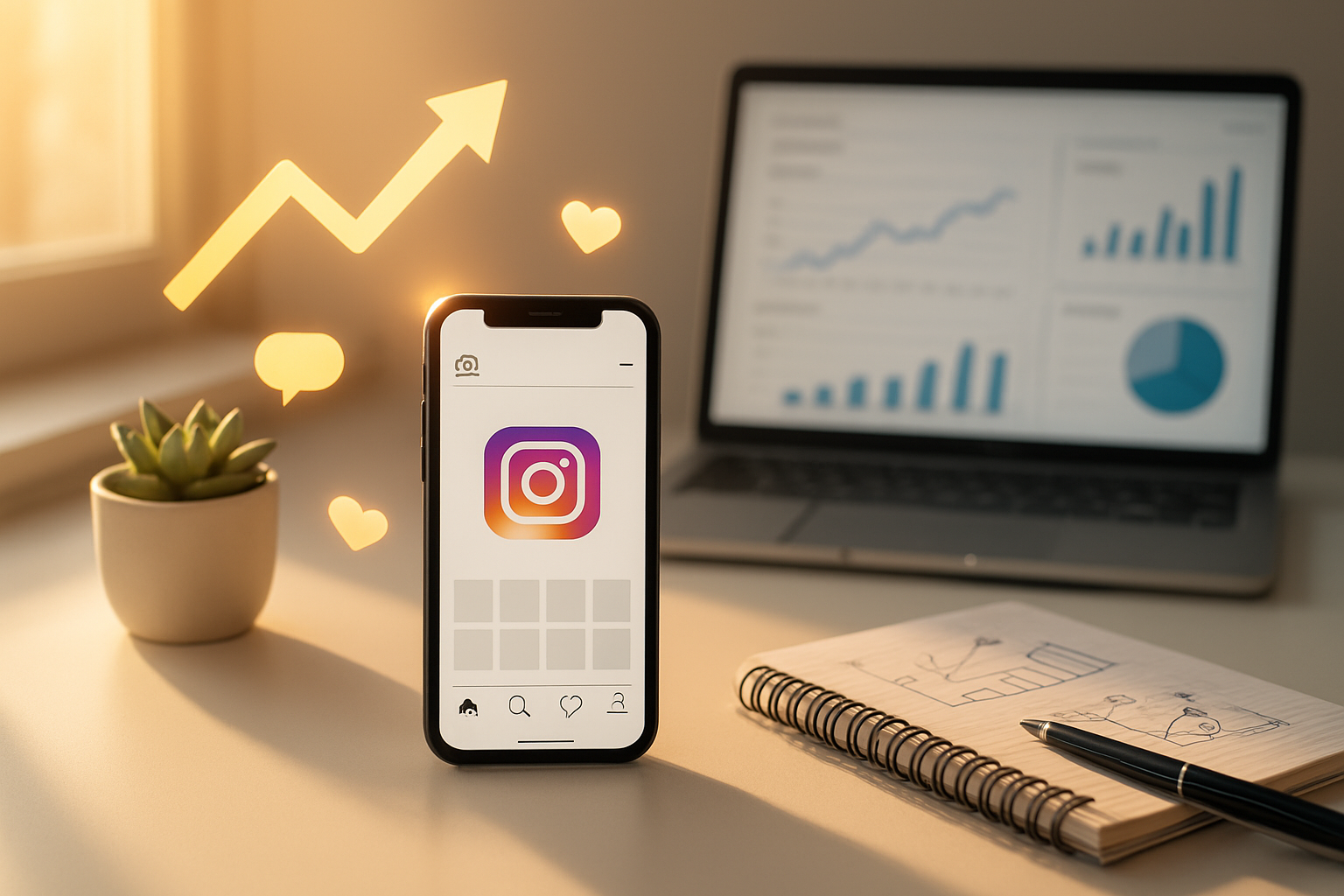 Create a realistic image of a modern workspace with a smartphone displaying Instagram interface prominently placed on a clean white desk, surrounded by growth-related elements including upward trending arrow graphics, engagement icons floating subtly in the air, a laptop showing analytics dashboard in the background, small potted succulent plant, notepad with strategic sketches, and soft natural lighting from a nearby window creating a professional yet inspiring atmosphere that conveys success and digital marketing mastery, with warm golden hour lighting casting gentle shadows across the scene, absolutely NO text should be in the scene.