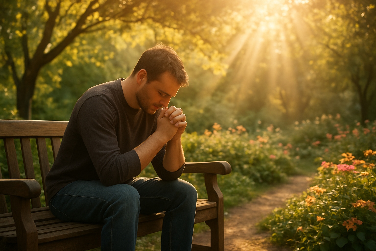Create a realistic image of a person sitting on a wooden bench in a peaceful garden setting, head slightly bowed in contemplative prayer or meditation, with warm golden sunlight filtering through tree branches creating gentle rays of light, surrounded by blooming flowers and lush greenery, conveying a sense of hope and inner strength during difficult times, with a serene and uplifting atmosphere. Absolutely NO text should be in the scene.