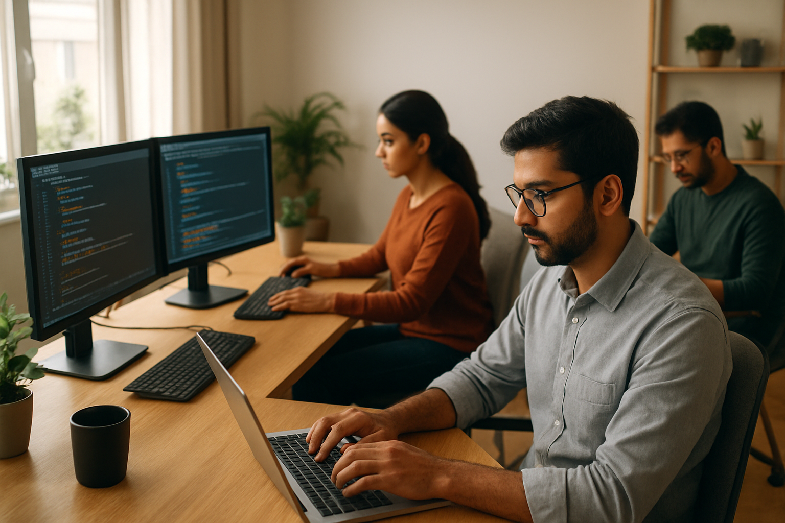 Create a realistic image of a diverse group of Pakistani professionals working remotely from home offices, featuring a South Asian male software developer typing on a laptop with multiple monitors, a South Asian female digital marketer analyzing charts on her computer screen, and a South Asian male graphic designer working on a tablet, each in their own modern home workspace with good lighting, plants, and professional equipment, showcasing various high-demand remote work categories through their activities and setups, with warm natural lighting from windows creating a productive and modern atmosphere, absolutely NO text should be in the scene.