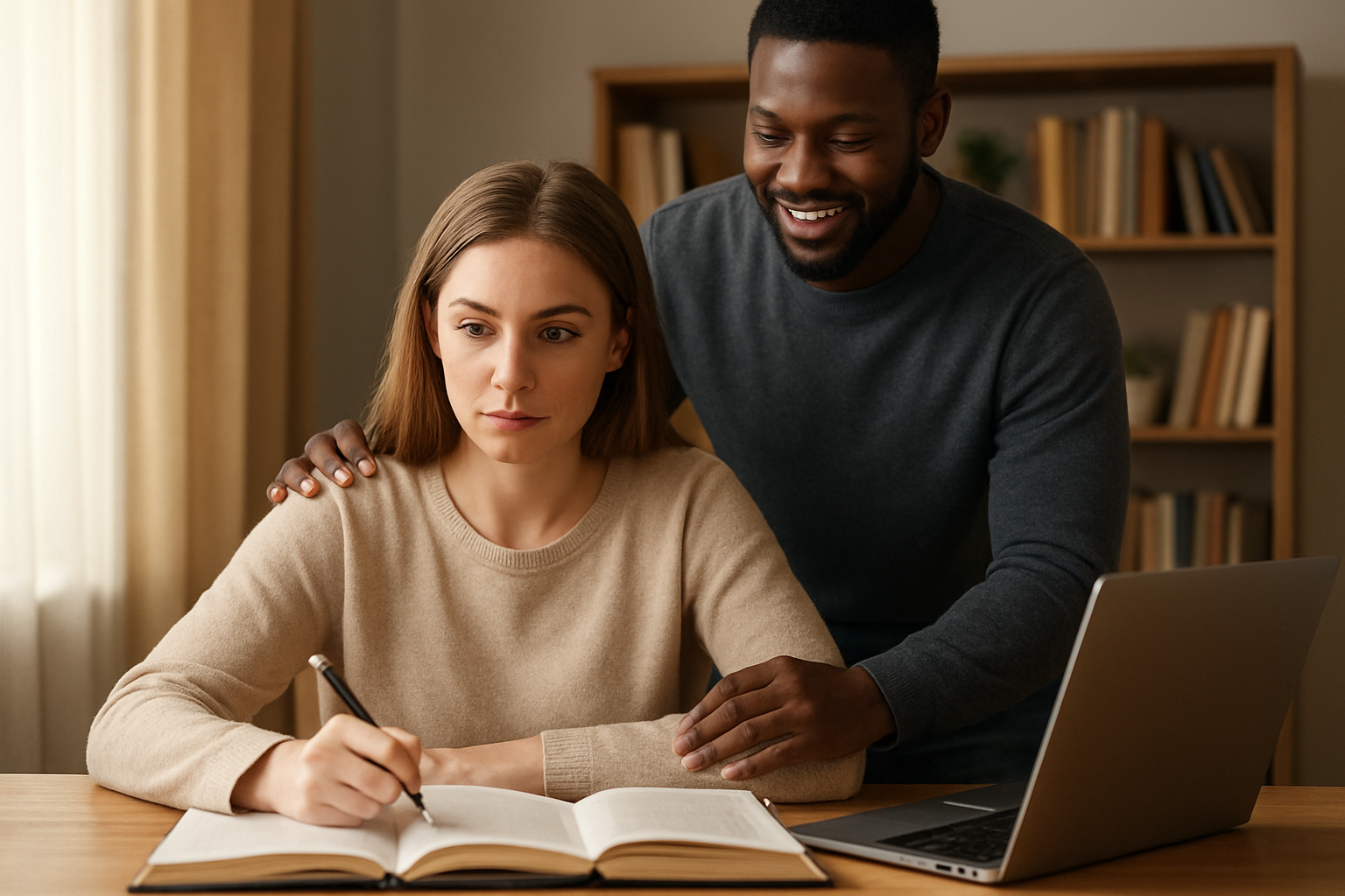 Create a realistic image of a white female sitting at a wooden desk with books and a laptop, looking determined while studying or working on personal goals, with a black male standing supportively behind her with his hand gently placed on her shoulder, both appearing happy and encouraging, in a warm, well-lit home office environment with soft natural lighting from a window, bookshelves in the background, and a cozy atmosphere that conveys partnership and mutual support, absolutely NO text should be in the scene.