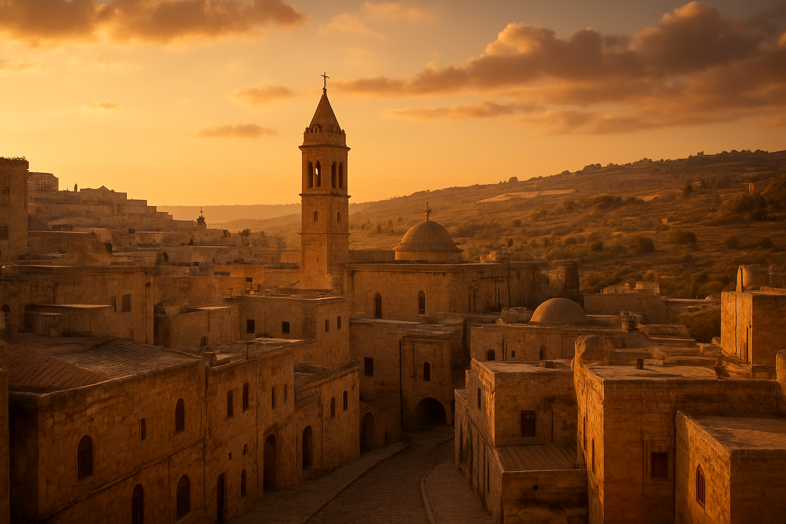 Create a realistic image of the ancient town of Bethlehem at golden hour with warm, soft lighting illuminating traditional Middle Eastern stone buildings and narrow cobblestone streets, featuring the prominent silhouette of the Church of the Nativity with its distinctive bell tower against a peaceful twilight sky filled with gentle clouds, surrounded by rolling hills dotted with olive trees and shepherd fields in the distance, creating a serene and contemplative atmosphere that captures the timeless significance and spiritual reverence of this holy city, with warm amber and golden tones throughout the scene that evoke a sense of divine presence and historical importance, absolutely NO text should be in the scene.