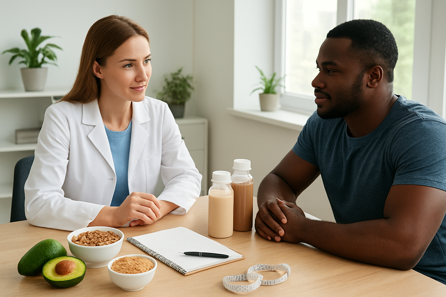 Create a realistic image of a diverse group including a white female nutritionist and a black male client sitting at a modern consultation desk, with healthy weight-gain foods like nuts, avocados, protein shakes, and whole grains arranged on the table, alongside a food diary and measuring tools, set in a bright, encouraging healthcare office environment with natural lighting, conveying determination and professional support for overcoming weight gain obstacles, absolutely NO text should be in the scene.
