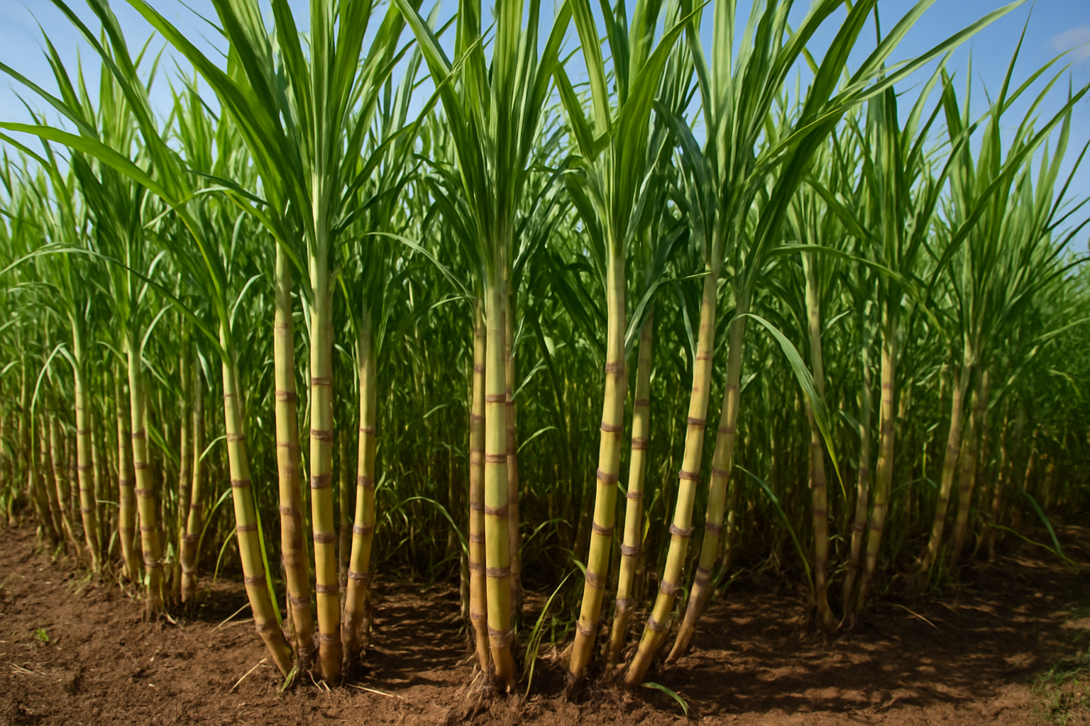 Create a realistic image of tall sugar cane stalks growing in their natural field environment, showing the complete plant structure from the thick jointed stems to the long green leaves at the top, with rich brown soil visible at the base, captured in bright natural daylight with a clear blue sky in the background, emphasizing the agricultural and botanical aspects of sugar cane cultivation. Absolutely NO text should be in the scene.