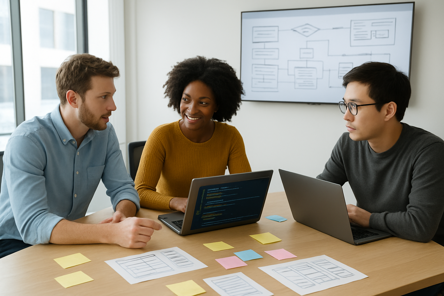 Create a realistic image of a diverse software development team consisting of a white male developer, a black female developer, and an Asian male developer gathered around a modern conference table in a bright, contemporary office space, with laptops open showing code on screens, sticky notes and wireframe sketches scattered on the table, a large wall-mounted monitor displaying flowcharts and development diagrams, the team engaged in collaborative discussion and planning, natural lighting from large windows creating a productive and innovative atmosphere, absolutely NO text should be in the scene.