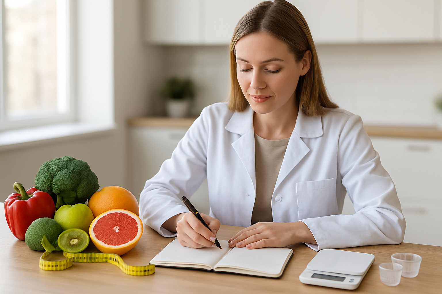 Create a realistic image of a white female nutritionist sitting at a clean wooden desk writing SMART goals in a notebook, with a variety of fresh colorful fruits and vegetables arranged nearby, a measuring tape, small measuring cups, and a digital food scale visible on the desk surface, bright natural lighting from a window creating a professional yet approachable atmosphere, modern kitchen or office setting in the background, absolutely NO text should be in the scene.