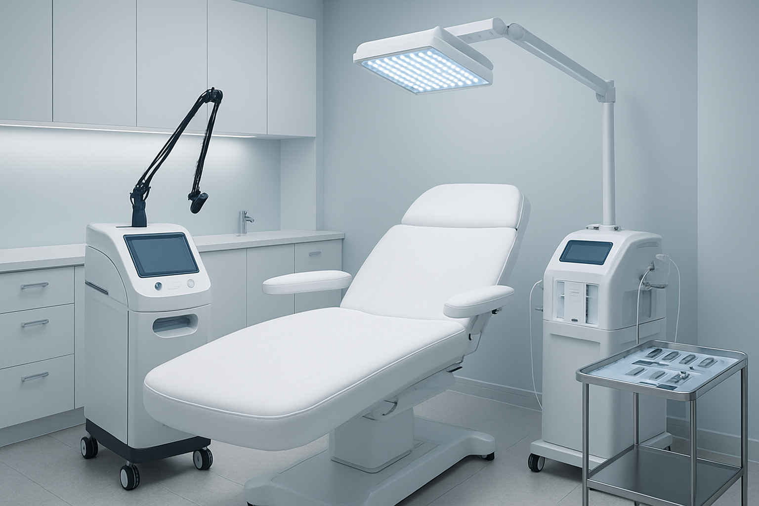 Create a realistic image of a modern dermatology clinic treatment room featuring advanced medical equipment including a laser therapy device, microdermabrasion machine, and LED light therapy panel, with a clean white examination bed in the center, sterile medical instruments on a side table, sleek contemporary furniture, bright clinical lighting, pristine white and light blue color scheme, and a professional healthcare atmosphere that conveys cutting-edge dermatological technology and premium medical care, absolutely NO text should be in the scene.