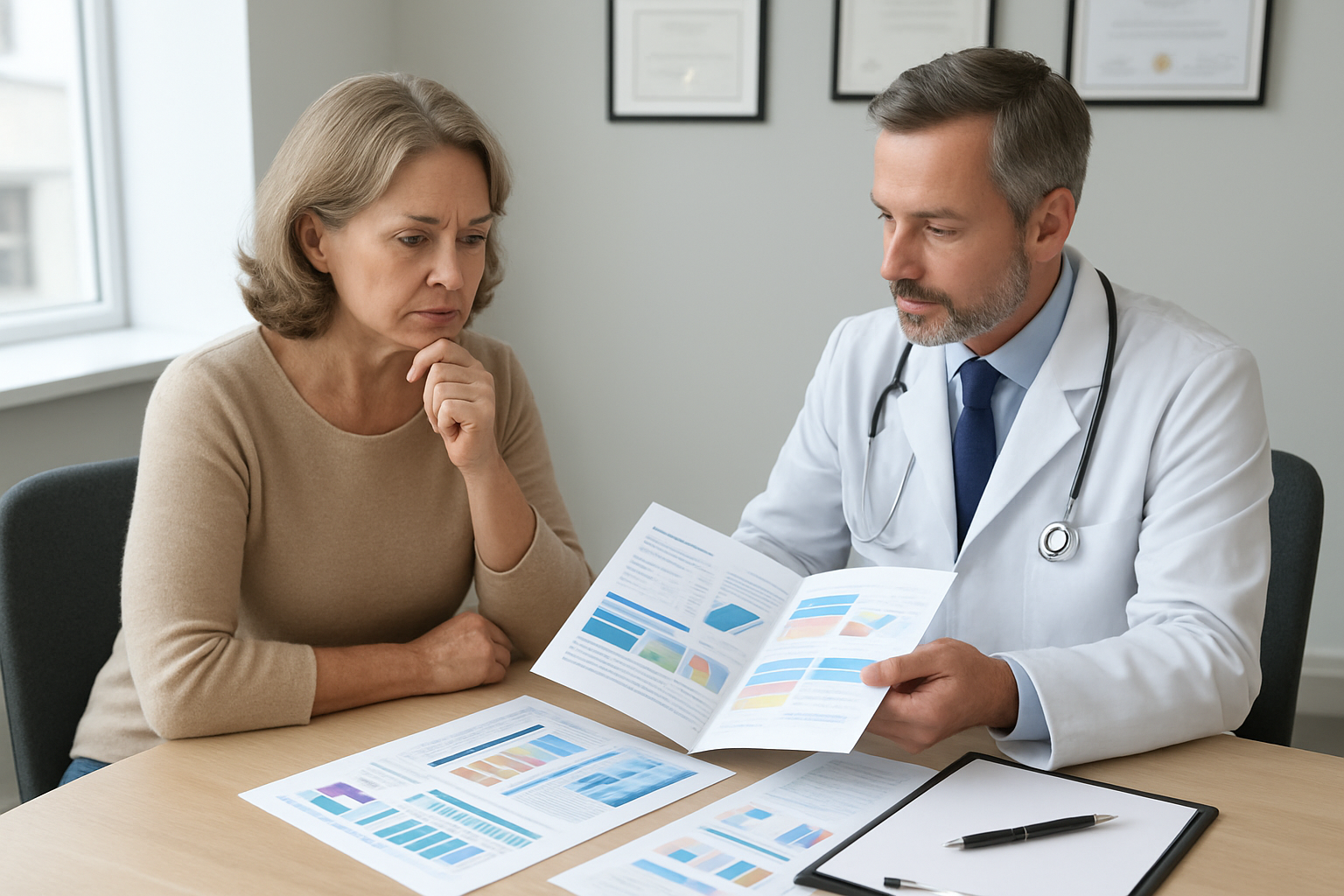 Create a realistic image of a middle-aged white female patient sitting at a consultation table with a white male doctor in a modern hospital office, with the doctor showing medical brochures and hospital comparison charts spread across the desk, medical diplomas and certificates visible on the wall behind them, bright natural lighting from a window, conveying a thoughtful decision-making atmosphere about healthcare choices, with a stethoscope and clipboard on the desk, absolutely NO text should be in the scene.