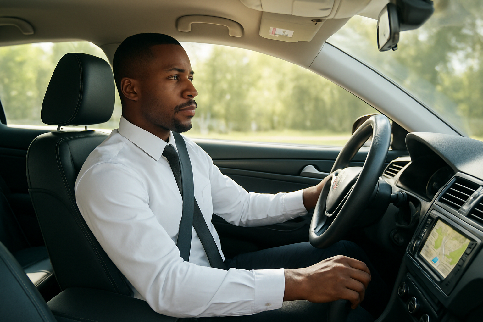 Create a realistic image of a modern passenger vehicle interior showcasing advanced safety features including visible seatbelts, airbag indicators on the dashboard, a GPS navigation system, emergency button, and safety certification stickers, with a professional black male driver wearing a uniform and seatbelt in the driver's seat, clean leather seats, bright daylight streaming through windows creating a safe and trustworthy atmosphere, absolutely NO text should be in the scene.