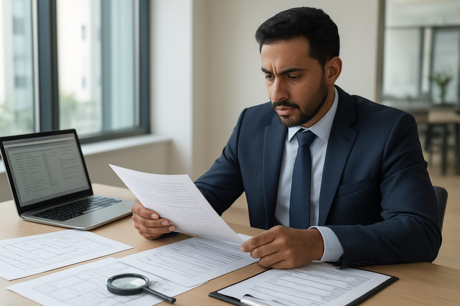 Create a realistic image of a Middle Eastern male inspector in his 30s wearing professional attire sitting at a modern desk reviewing detailed home inspection documents and reports spread across the surface, with a laptop computer open displaying inspection data, a clipboard with checklists, a magnifying glass, and architectural floor plans visible, set in a bright contemporary office environment with natural lighting from large windows, conveying a professional analytical atmosphere as he examines the paperwork to prepare next steps recommendations, absolutely NO text should be in the scene.