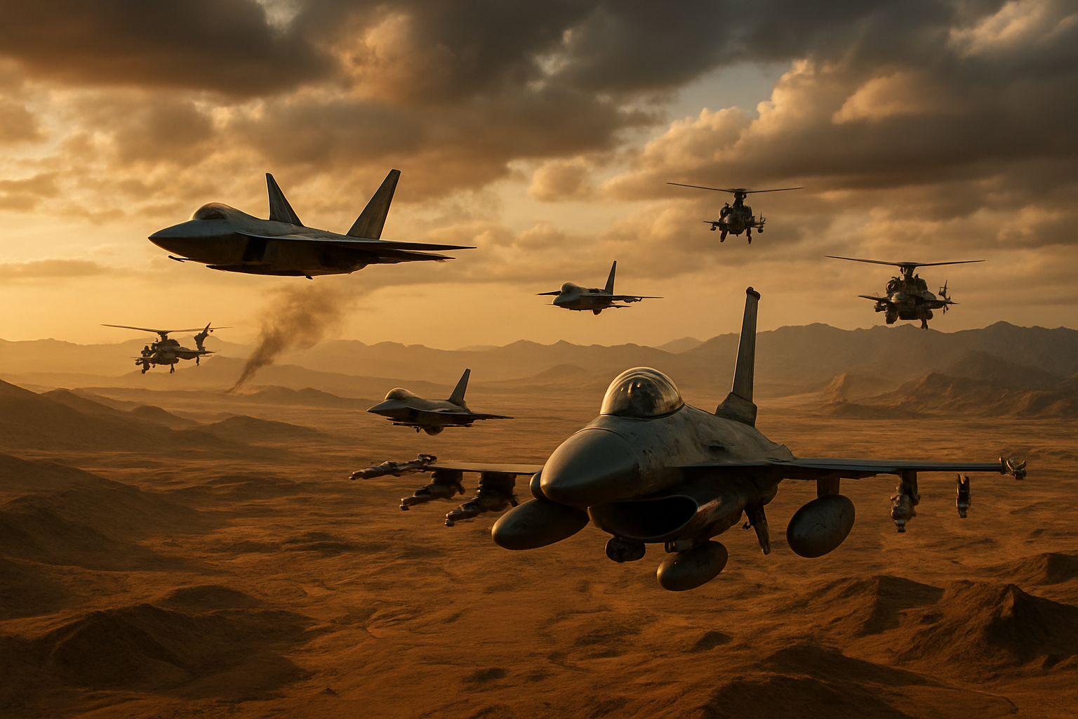 Create a realistic image of military aircraft flying in formation over a Middle Eastern landscape with desert terrain and mountainous regions, showing multiple fighter jets and military helicopters against a dramatic cloudy sky, with smoke plumes rising from distant locations indicating military activity, captured during golden hour lighting that creates an intense and serious atmosphere, while neighboring countries' borders are suggested by varying terrain features in the background, Absolutely NO text should be in the scene.