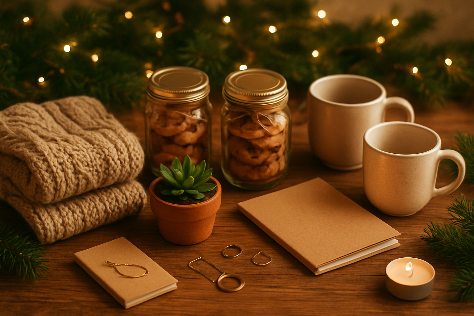 Create a realistic image of an assortment of affordable Christmas gifts arranged on a wooden table, including items like cozy knit scarves, small potted plants, homemade cookies in mason jars, handwritten notebooks, affordable jewelry pieces, small candles, and coffee mugs, with warm golden lighting creating a cozy holiday atmosphere, decorated with pine branches and fairy lights in the background, absolutely NO text should be in the scene.