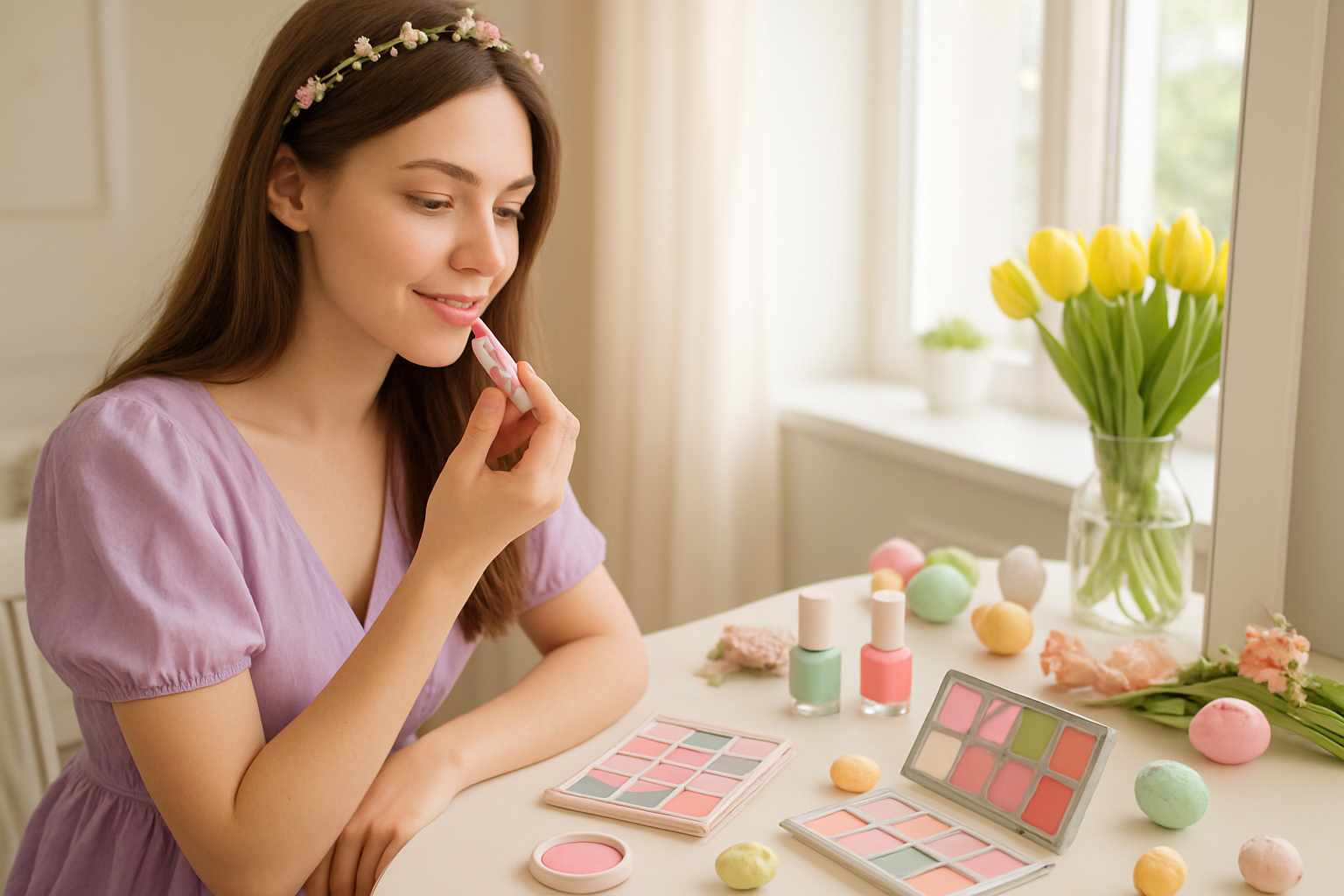 Create a realistic image of a young white female content creator sitting at a well-lit vanity table applying pastel pink lipstick while wearing a flowing lavender spring dress, surrounded by Easter-themed makeup products including eyeshadow palettes in soft spring colors, nail polish bottles in mint green and coral, hair accessories with small floral details, and subtle Easter decorations like painted eggs and fresh tulips in the background, with natural daylight streaming through a window creating a bright and cheerful atmosphere, absolutely NO text should be in the scene.