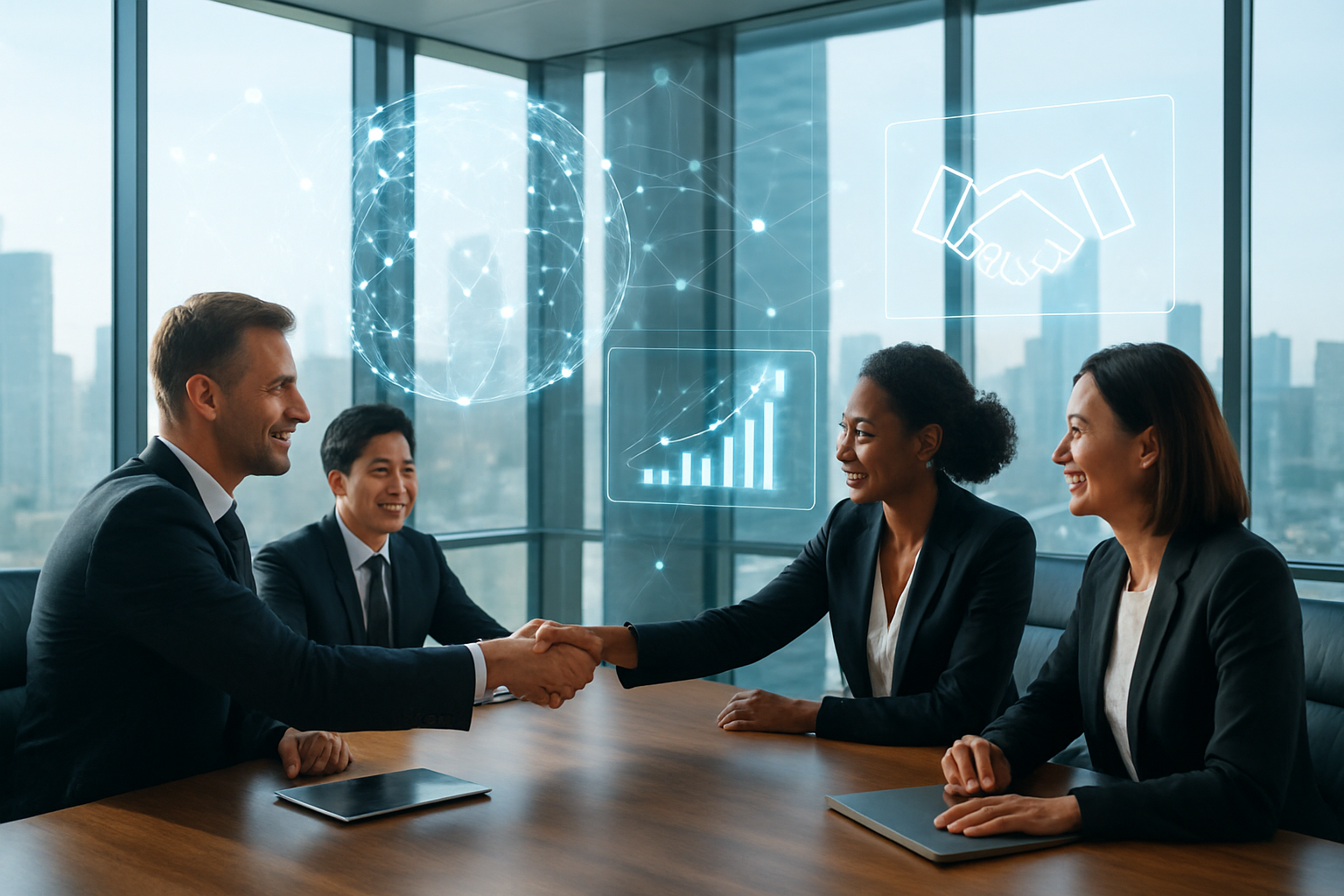 Create a realistic image of interconnected business networks with multiple diverse professionals including white male, black female, and Asian male executives shaking hands around a large conference table, with holographic displays showing global connections, partnership agreements, and growth charts floating above the table, set in a modern glass-walled boardroom with city skyline visible through windows, bright natural lighting creating an optimistic and collaborative atmosphere, with digital network nodes and connecting lines visualized in the air between the people representing ecosystem partnerships and exponential growth opportunities, absolutely NO text should be in the scene.