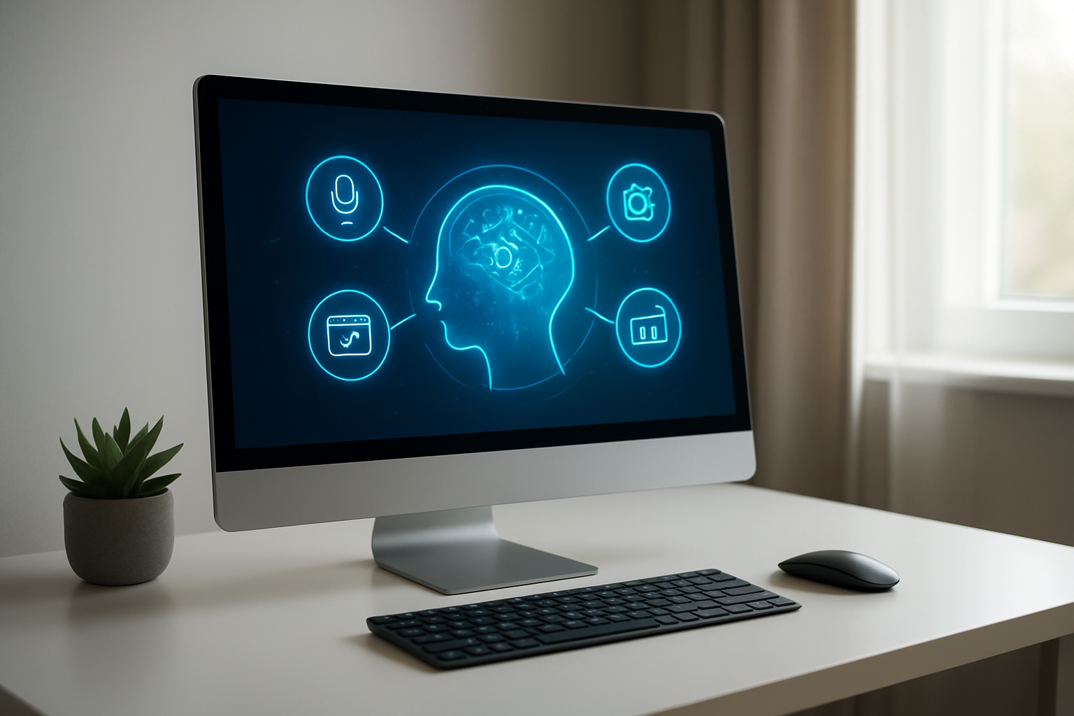 Create a realistic image of a modern desktop computer setup with a sleek monitor displaying a futuristic AI assistant interface with glowing blue holographic elements floating above the screen, featuring icons representing core capabilities like voice recognition, task automation, calendar management, and data analysis, set on a clean white desk in a contemporary home office with soft natural lighting from a nearby window, creating a professional and technologically advanced atmosphere. Absolutely NO text should be in the scene.