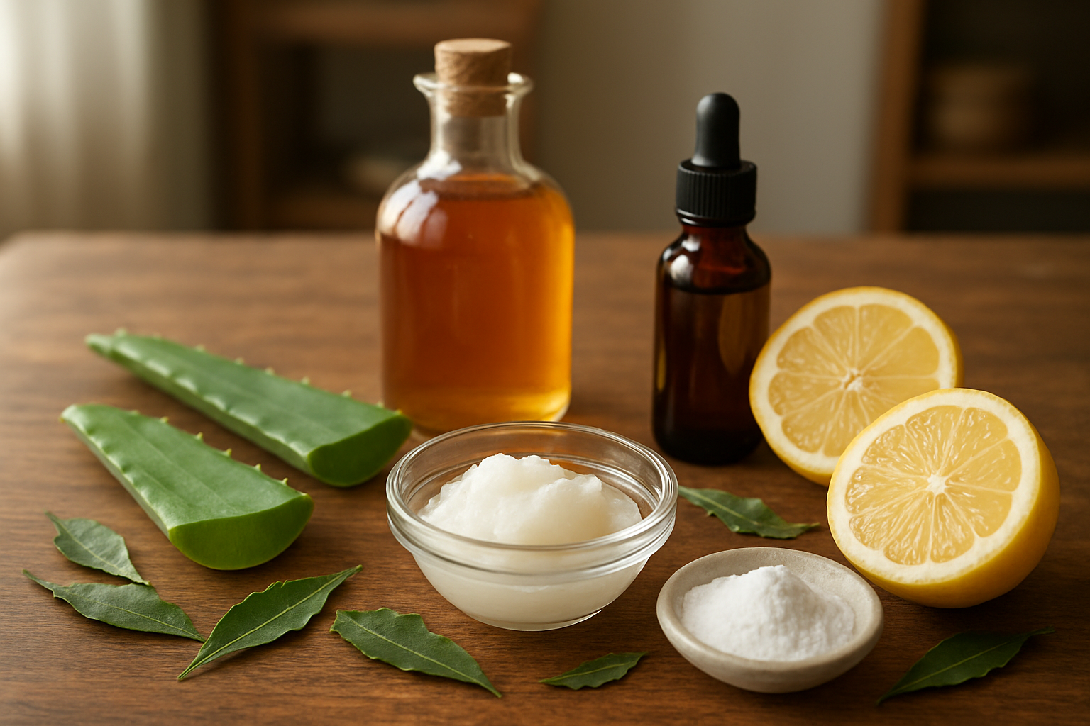 Create a realistic image of natural dandruff remedies arranged on a wooden table, featuring coconut oil in a small glass bowl, fresh aloe vera leaves cut open to show the gel inside, a bottle of apple cider vinegar, tea tree oil in a dark dropper bottle, fresh lemon halves, baking soda in a ceramic dish, and dried neem leaves scattered around, with soft natural lighting from a nearby window creating gentle shadows, warm and inviting kitchen atmosphere in the background, absolutely NO text should be in the scene.