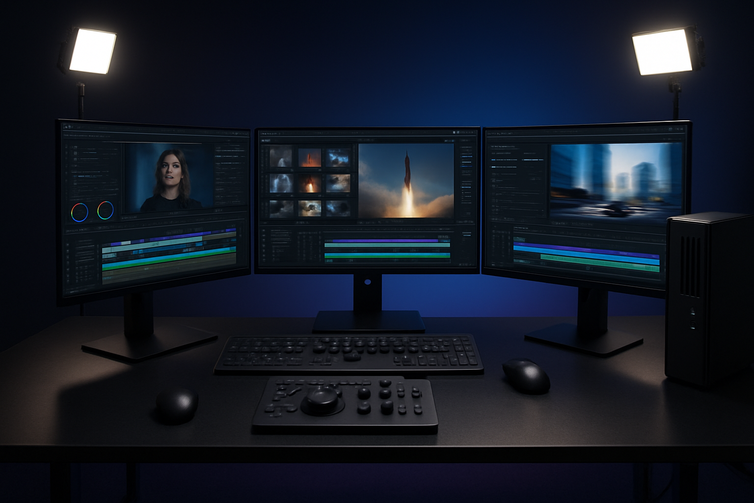 Create a realistic image of a modern video editing workspace featuring multiple computer monitors displaying advanced AI video generation interfaces with timeline panels, layer controls, and sophisticated editing tools, a high-end workstation with professional video editing equipment, sleek black keyboards and mice, studio lighting illuminating the setup, dark ambient background with subtle blue and purple accent lighting, clean and organized desk surface with technical equipment, professional atmosphere conveying cutting-edge technology and advanced video production capabilities, absolutely NO text should be in the scene.