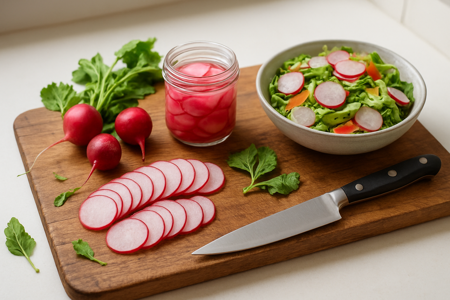 Create a realistic image of a rustic wooden cutting board featuring various radish preparations including thinly sliced red radishes arranged in a fan pattern, whole radishes with green tops, pickled radishes in a small glass jar, and radish slices mixed into a colorful fresh salad, with a chef's knife nearby and scattered radish leaves, set against a clean white kitchen counter background with soft natural lighting from a nearby window, showcasing the vibrant colors and textures of the radishes in different culinary forms, absolutely NO text should be in the scene.