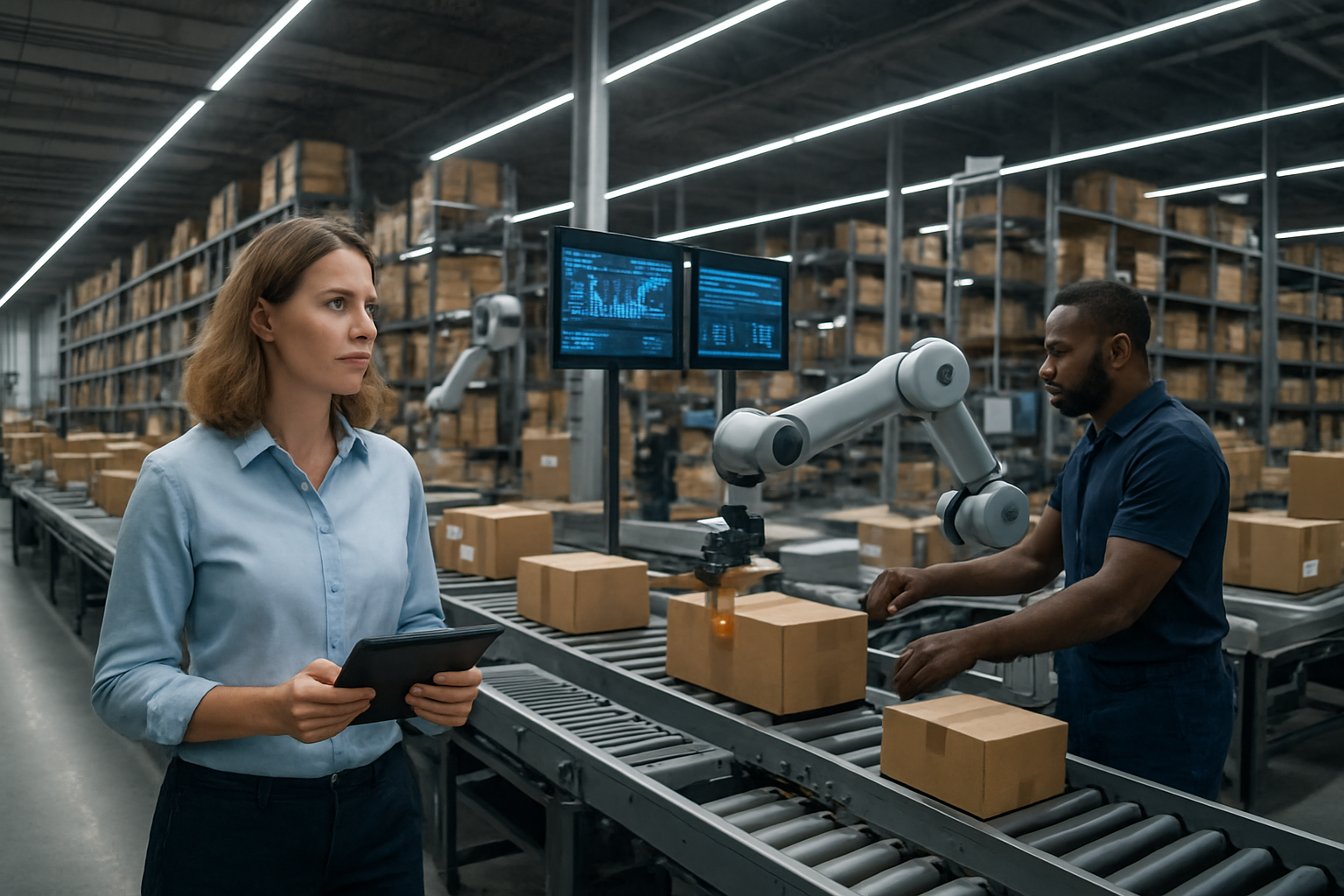 Create a realistic image of a modern retail warehouse with automated conveyor belts moving packages, robotic arms sorting inventory, and digital screens displaying real-time data analytics, featuring a diverse team including a white female supervisor monitoring operations from a tablet and a black male technician adjusting automated machinery, with bright LED lighting illuminating the high-tech facility filled with organized shelving systems and AI-powered sorting equipment, conveying efficiency and technological advancement in retail operations, absolutely NO text should be in the scene.
