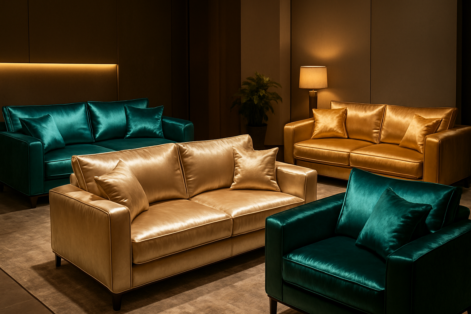 Create a realistic image of a luxurious living room showcasing multiple shiny fabric sofas in different colors and styles, featuring glossy velvet and satin upholstery that reflects light beautifully, with elegant cushions and pillows, set against a modern interior with warm ambient lighting that highlights the lustrous texture and sophisticated sheen of the fabrics, creating an upscale and refined atmosphere that demonstrates the premium quality and visual appeal of glossy fabric furniture, Absolutely NO text should be in the scene.