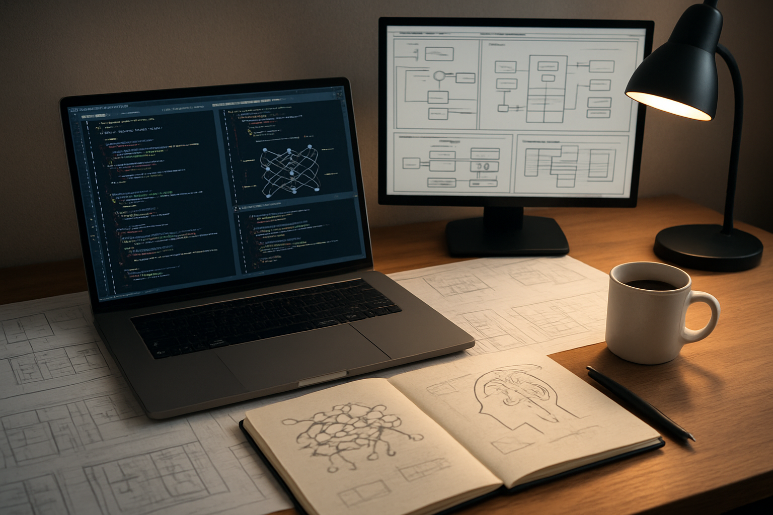 Create a realistic image of a modern computer workstation showing a sleek laptop with multiple code editor windows open displaying Python code and neural network diagrams, surrounded by architectural blueprints and technical diagrams spread across a clean wooden desk, with a secondary monitor displaying flowcharts and system architecture wireframes, complemented by a notebook with hand-drawn AI model sketches, a coffee cup, and subtle ambient lighting from a desk lamp creating a focused working atmosphere, absolutely NO text should be in the scene.