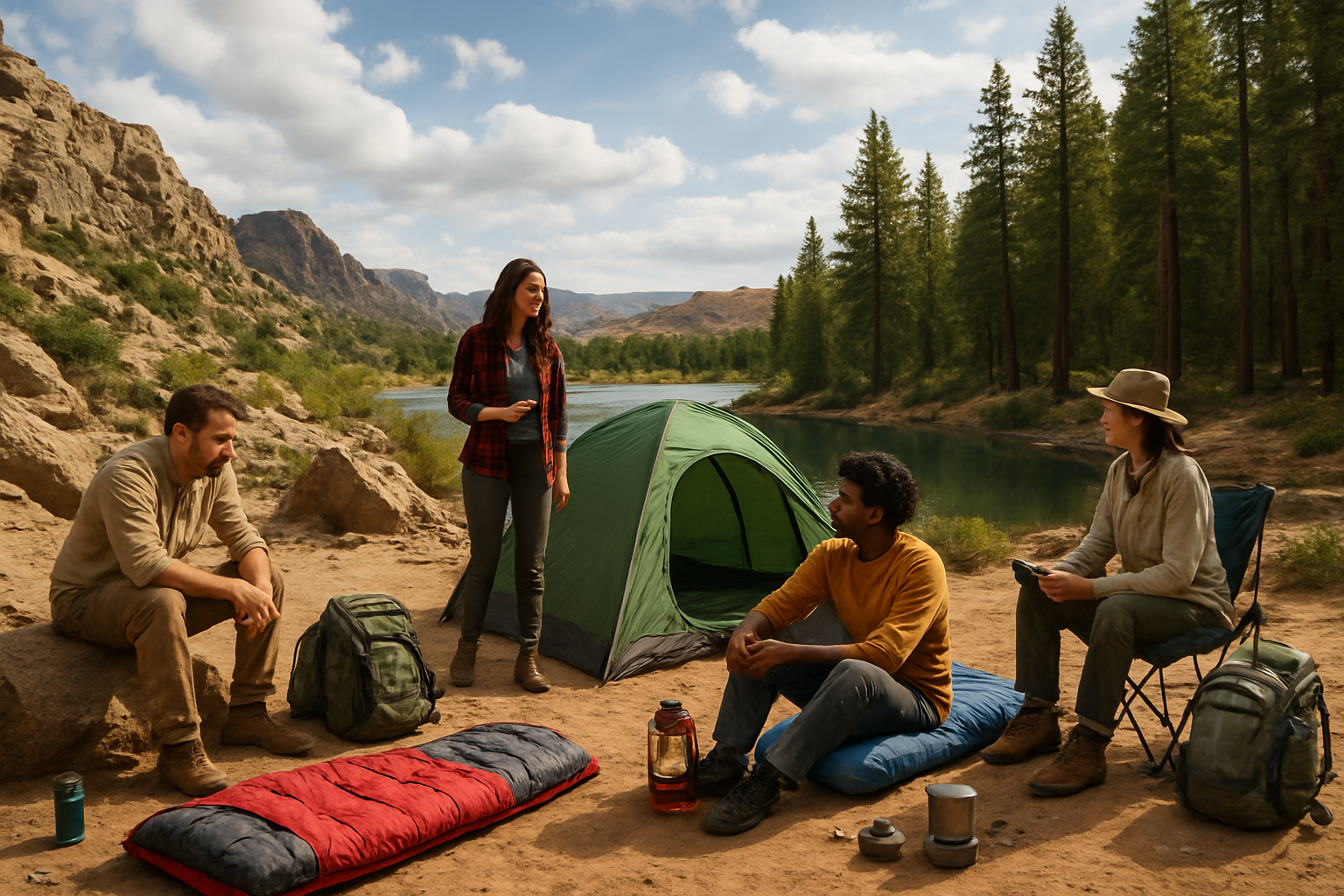 Create a realistic image of a diverse camping scene showcasing different environments and camping scenarios, featuring a mountainous rocky terrain on one side transitioning to a forest area with tall pine trees, a lakeside setting in the background, and a desert landscape visible in the distance, with various camping equipment like sleeping bags, backpacks, and camping gear scattered throughout the scene to represent different camping needs, under natural daylight with partly cloudy skies, emphasizing the variety of outdoor environments where camping takes place, absolutely NO text should be in the scene.