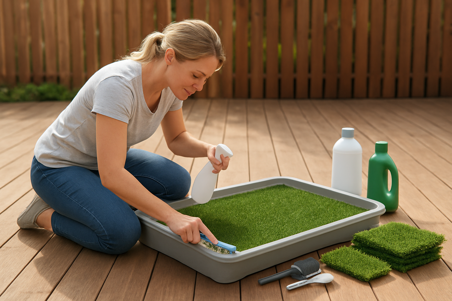 Create a realistic image of a white female pet owner kneeling beside a modern flushable dog patio potty system on an outdoor deck, actively cleaning and maintaining the artificial grass surface with a small brush and spray bottle, with cleaning supplies like disinfectant, fresh artificial grass patches, and maintenance tools neatly arranged nearby on a wooden deck surface, bright natural daylight illuminating the scene, creating a clean and organized maintenance atmosphere, Absolutely NO text should be in the scene.